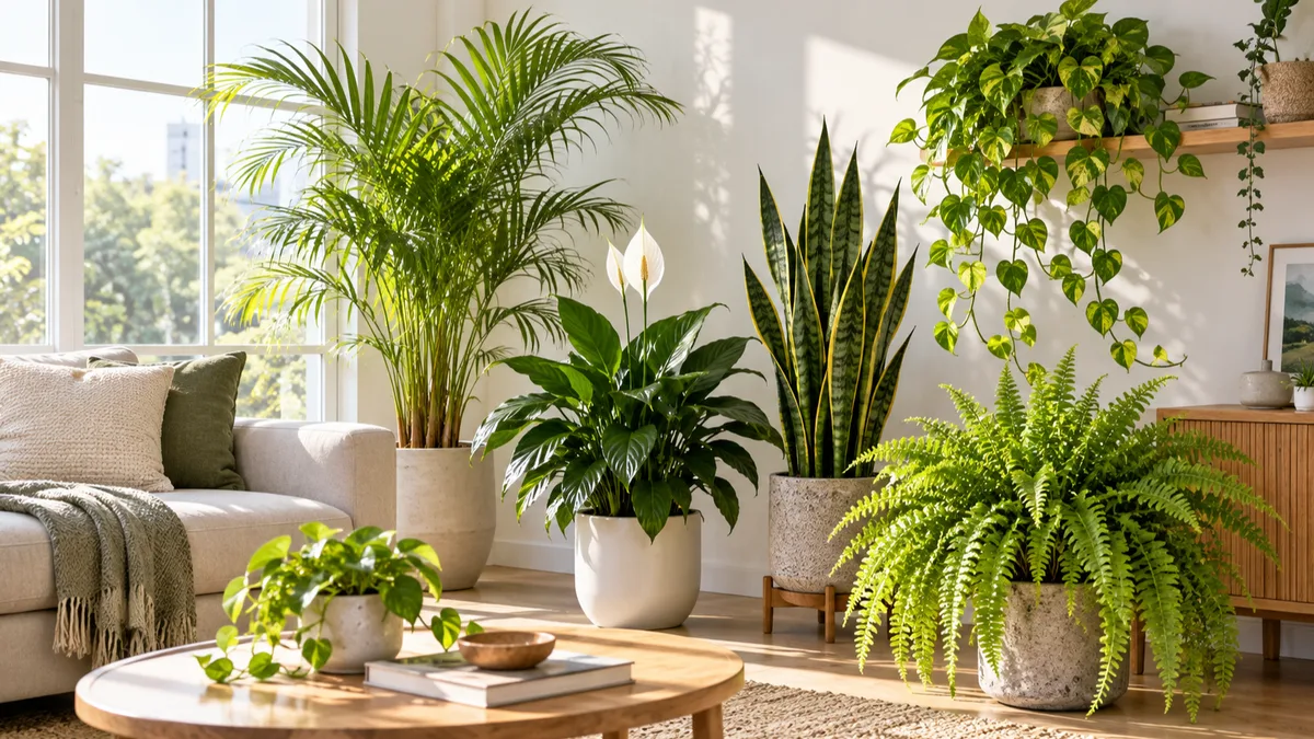 A bright modern living room with several air purifying houseplants including a tall snake plant peace lily Boston fern golden pothos and areca palm arranged near a large window in morning sunlight