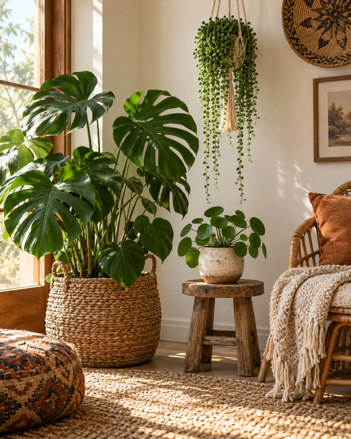 A styled boho corner vignette showing three essential bohemian plant decor elements together a large monstera in a woven seagrass basket trailing string of pearls from a macrame hanger and a hand-thrown irregular ceramic pot with a small pilea against a warm white wall with a jute rug warm afternoon light