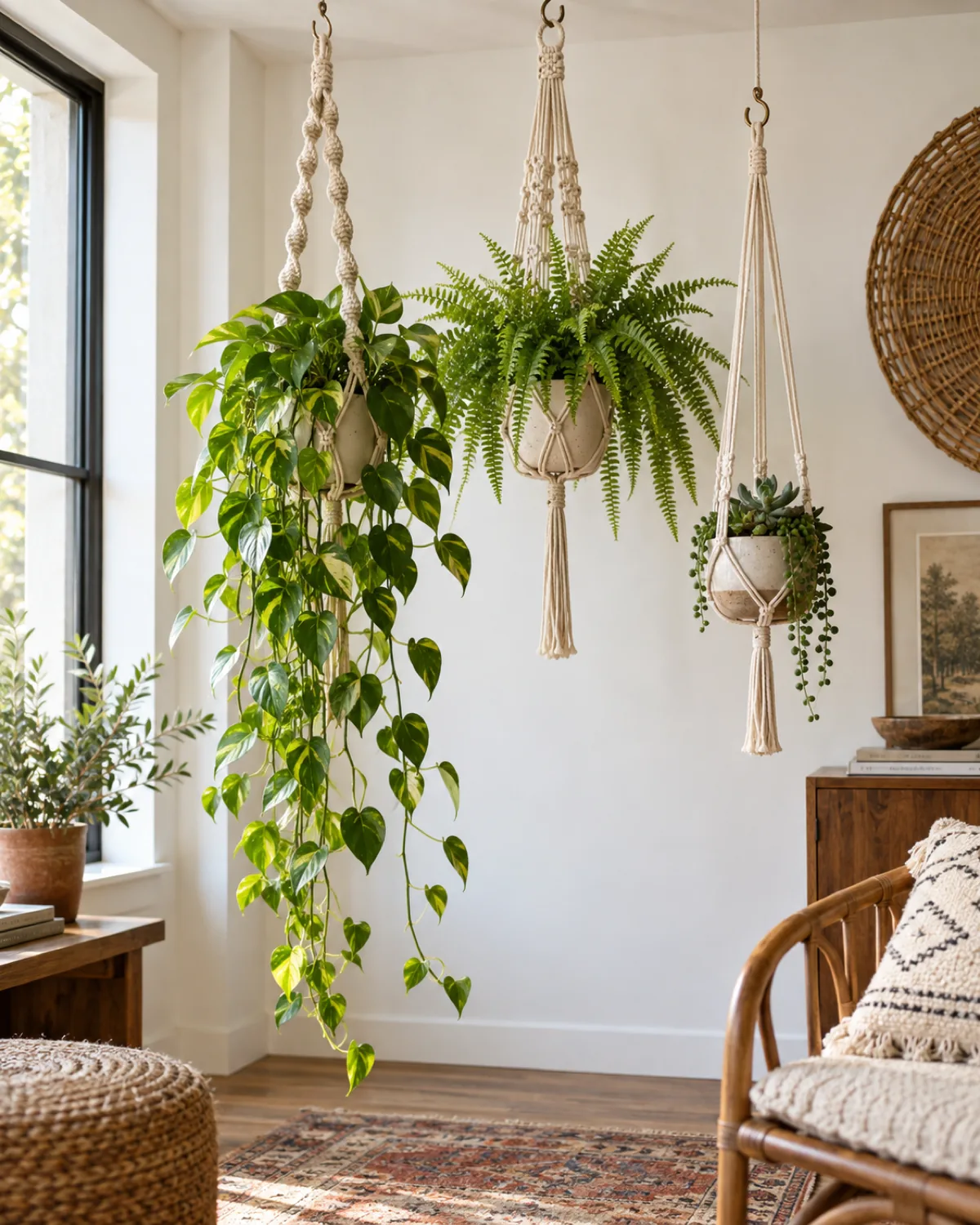 Three macrame plant hangers at different heights against a bright white wall holding a trailing pothos a compact boston fern and a small succulent arrangement natural cotton cord with different knot patterns spiral square knot and gathered mounted from ceiling hooks at staggered heights soft natural light from the left