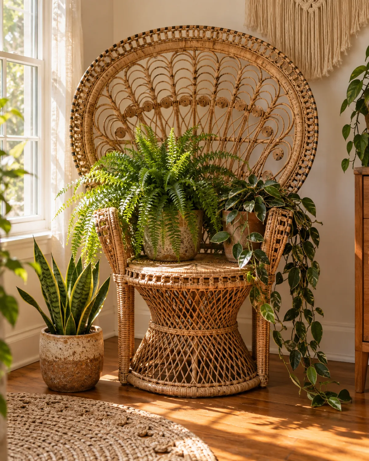 A rattan peacock chair repurposed as a plant stand in a bright bohemian room corner with a medium fern on the seat a trailing hoya draped over one arm and a small snake plant on the floor beside it warm wood floor woven wall hanging partially visible above golden afternoon light