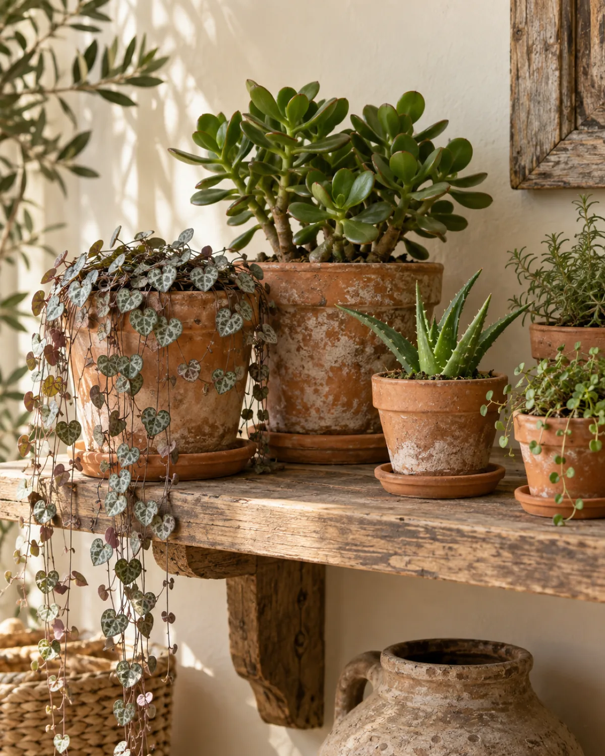 A collection of terracotta pots in various sizes and stages of aging on a rustic wooden shelf some with white mineral deposits and natural patina holding a trailing string of hearts a compact jade plant and a small aloe warm orange-brown tones against a cream wall soft natural side lighting