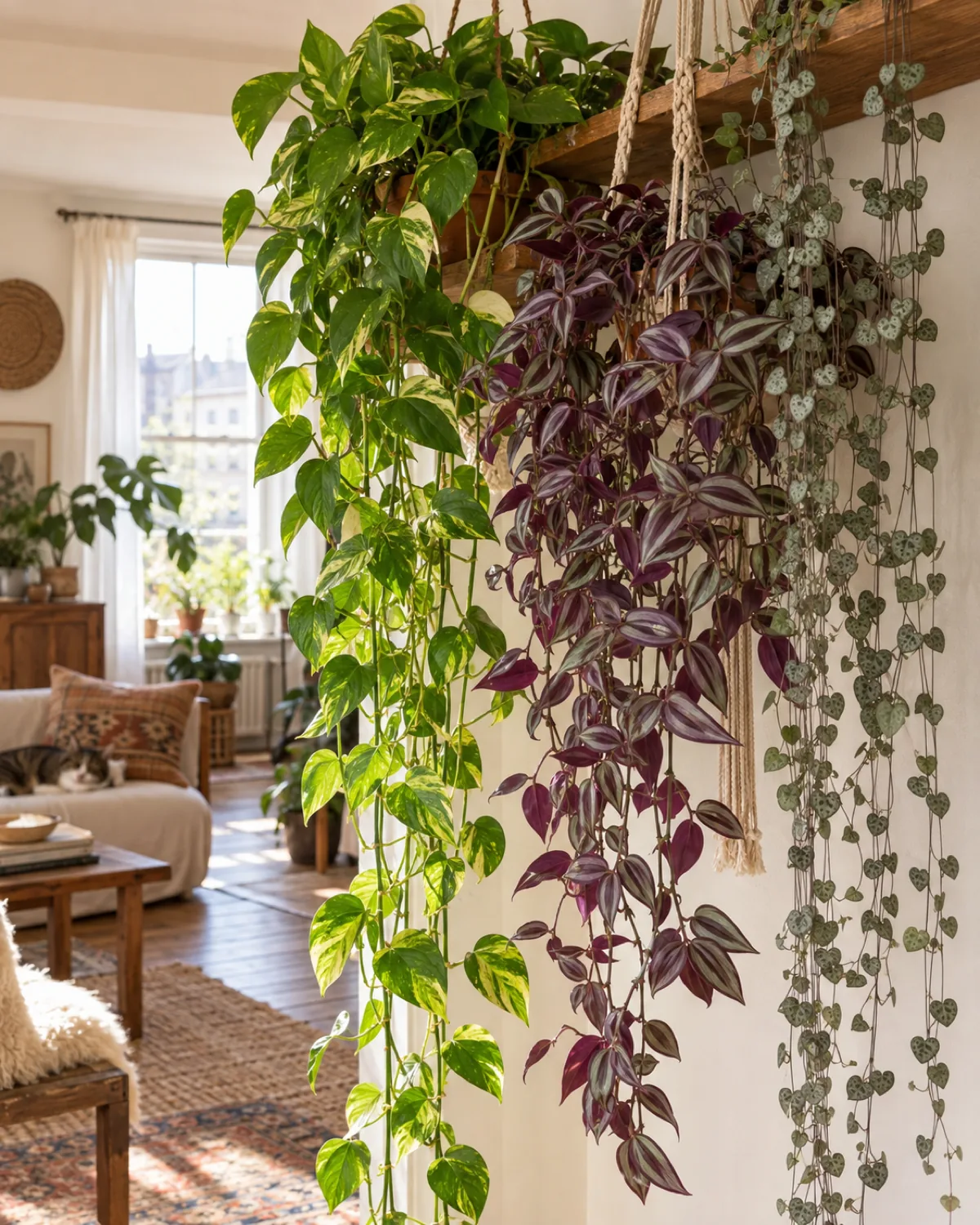 A boho hanging display with multiple trailing plants creating a green curtain effect pothos with golden-green variegated vines tradescantia zebrina with purple-striped leaves and string of hearts with tiny heart-shaped silvery leaves cascading from a high wooden shelf against a warm white wall bright natural window light from behind