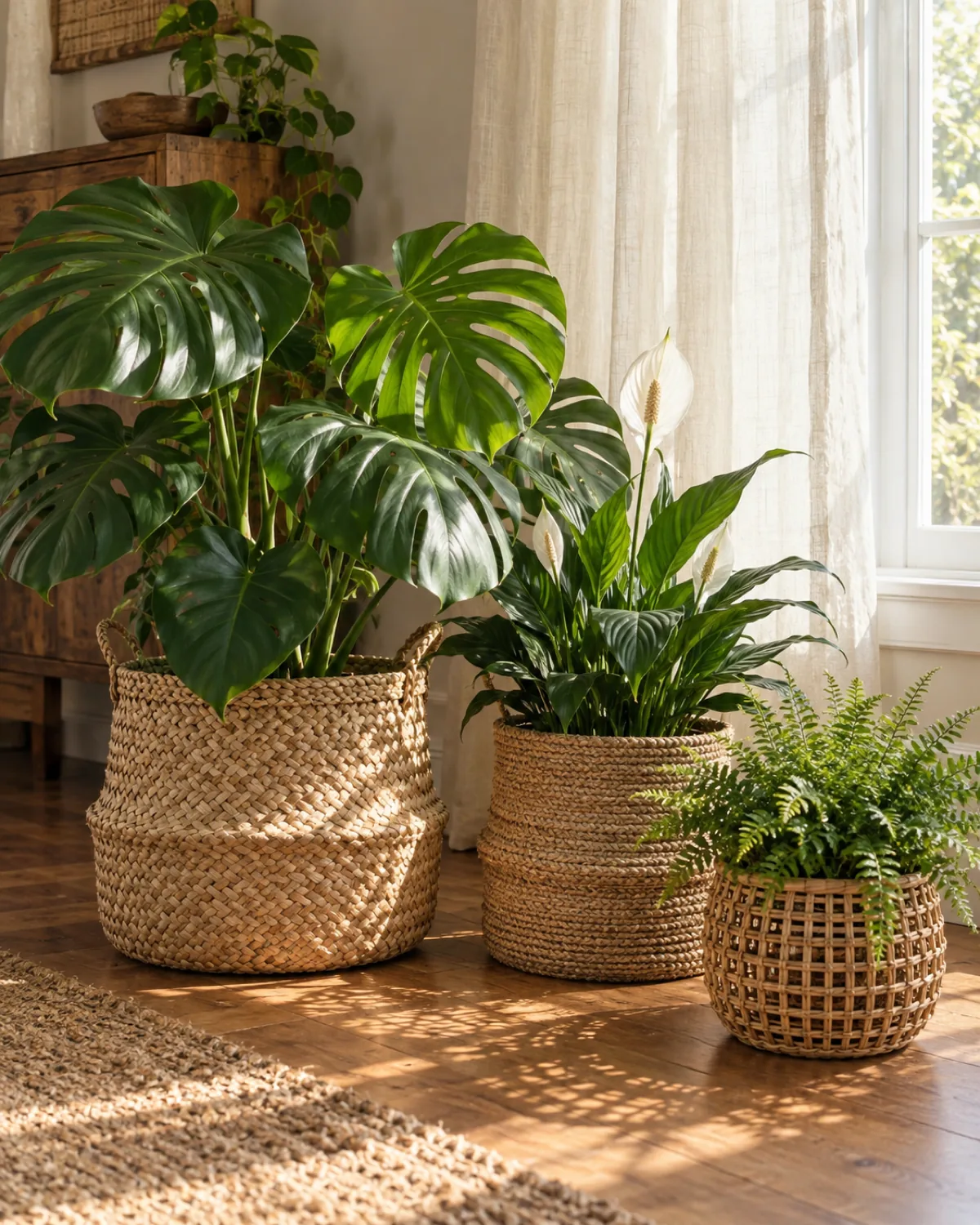 Three woven belly baskets in different sizes used as pot covers on a wooden floor near a bright window one seagrass basket holding a large monstera one jute basket with a medium peace lily and one smaller rattan basket with a compact fern cream linen curtain in the background morning light casting woven shadow patterns