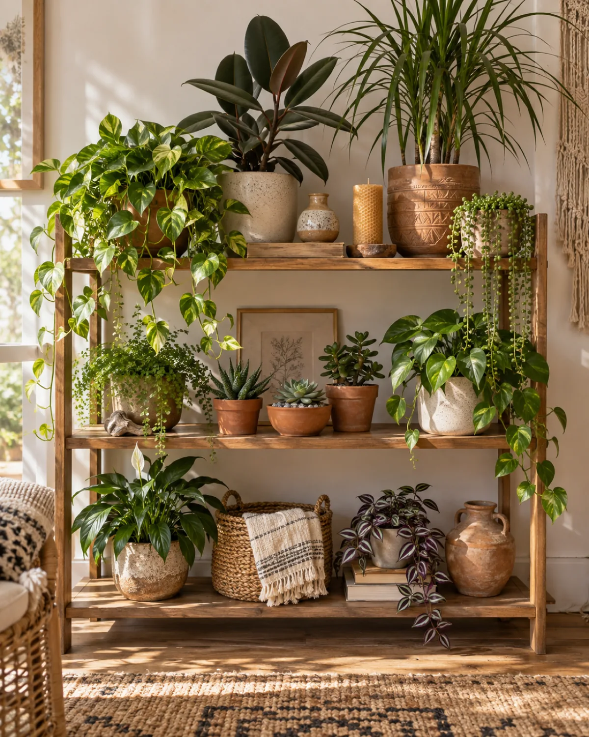 A styled boho plant shelf showing layered arrangement on a three-tier wooden shelf against a warm white wall with tall plants at the back trailing plants spilling over the edges small plants in the front and non-plant boho accessories mixed in including a beeswax candle and a small ceramic vase natural afternoon light