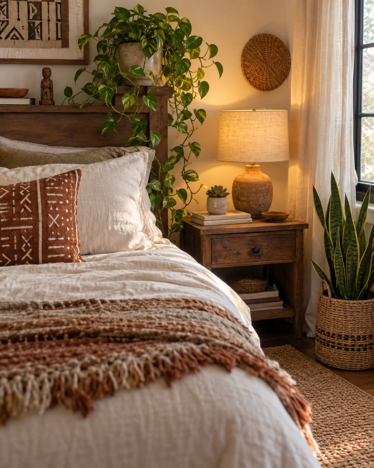 A bohemian bedroom corner with plants integrated into the sleeping space trailing pothos on the headboard shelf with vines cascading down the wall a small succulent on the nightstand beside a stack of books and a medium snake plant in a woven basket on the floor cream linen bedding with a mudcloth throw pillow warm lamp light