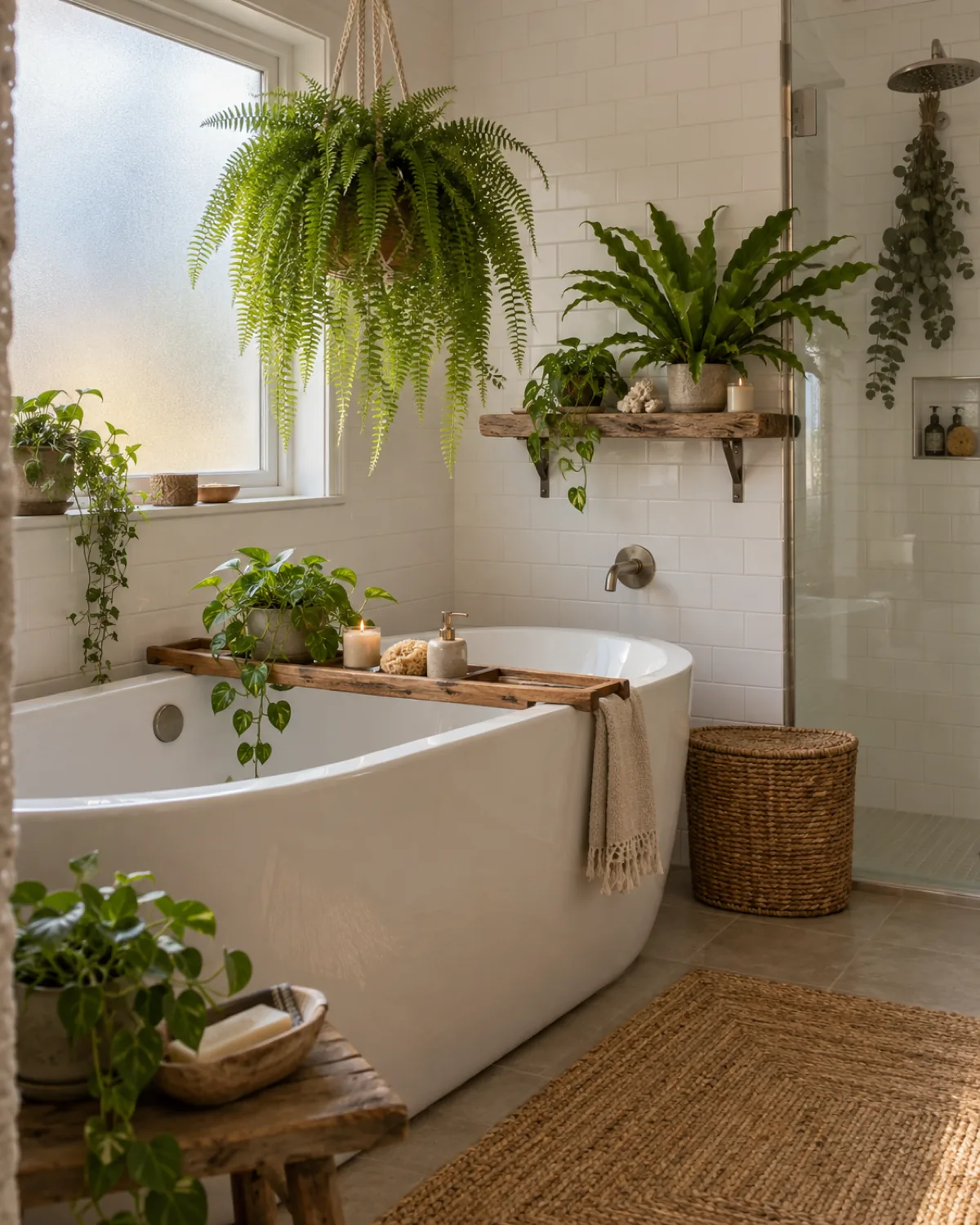 A boho bathroom vignette with a boston fern in a macrame hanger above a white freestanding bathtub a small pothos on a rustic wooden bath tray and a bird nest fern on a driftwood shelf attached to white tiled wall natural light from a frosted window eucalyptus stems hanging from the shower head