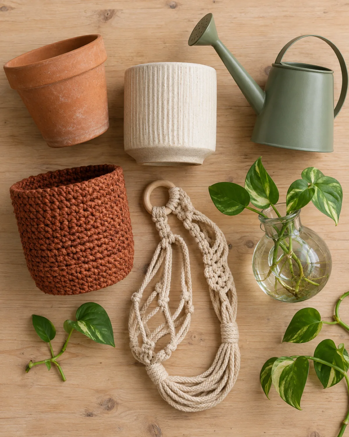 A styled flat-lay of boho plant decor elements in a warm neutral color palette on a light wooden surface a terracotta pot a cream ceramic planter a sage green watering can a rust-colored woven pot cover a sand-toned macrame plant hanger coiled neatly and small plant cuttings in a glass propagation vase soft overhead natural light