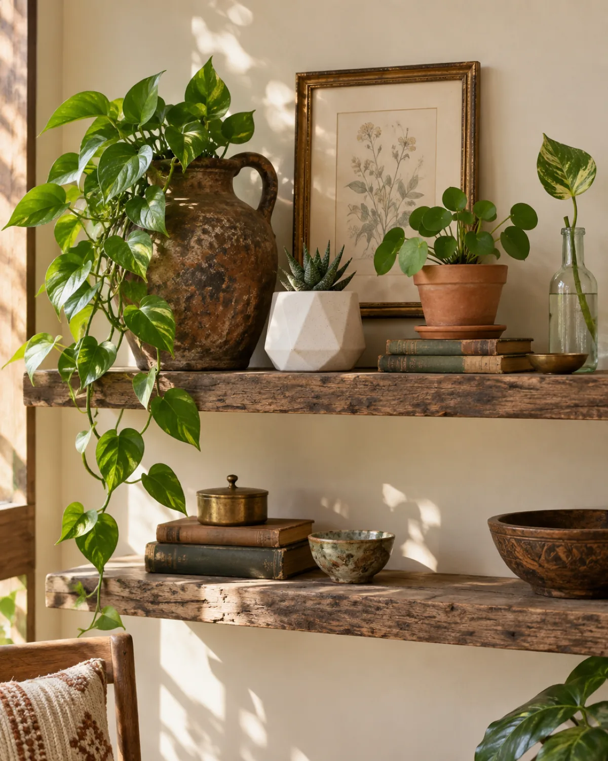 A boho shelf display mixing thrifted vintage pieces with new items an aged brown ceramic jug with a trailing pothos a new white geometric planter with a succulent a brass-trimmed secondhand picture frame a fresh terracotta pot with a small pilea and a vintage glass bottle as a propagation vase on weathered wood floating shelves afternoon light