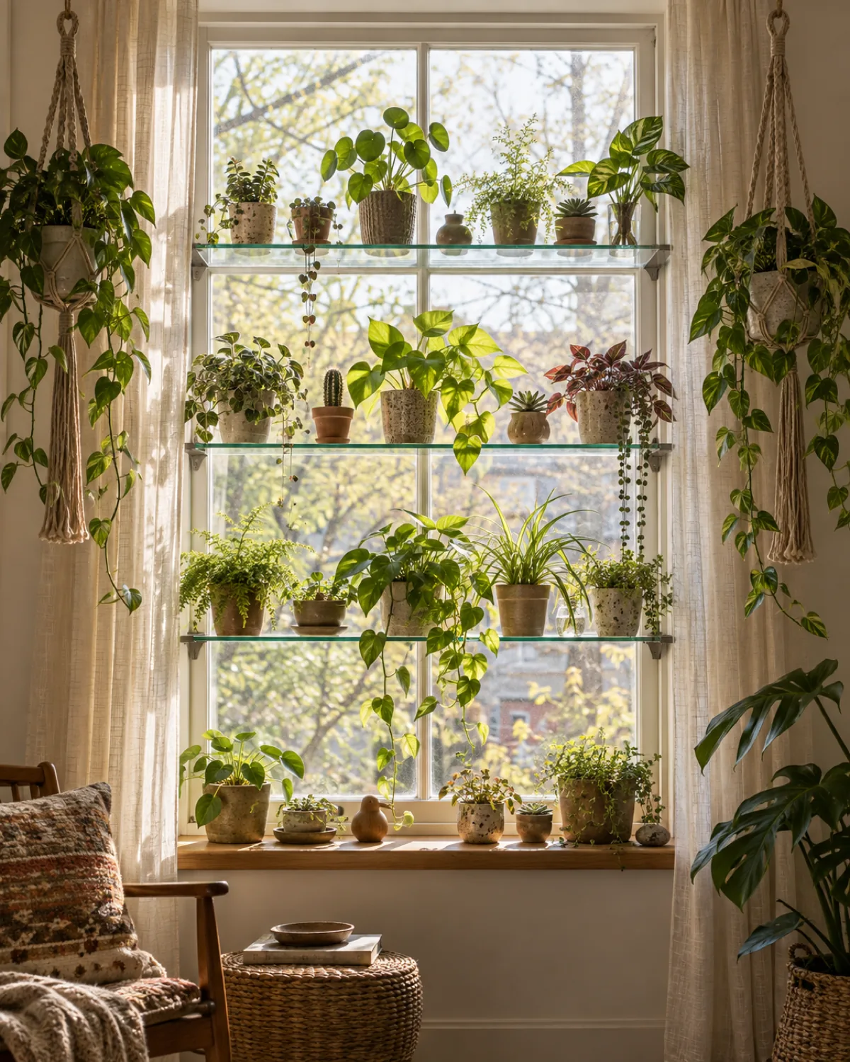 A bright window display with boho plant styling glass shelves spanning a large bright window holding small plants in assorted pots backlit by natural light macrame hangers flanking each side of the window frame small wooden windowsill with tiny pots natural light creating silhouettes and green translucent leaf effects sheer linen curtains pulled to the sides