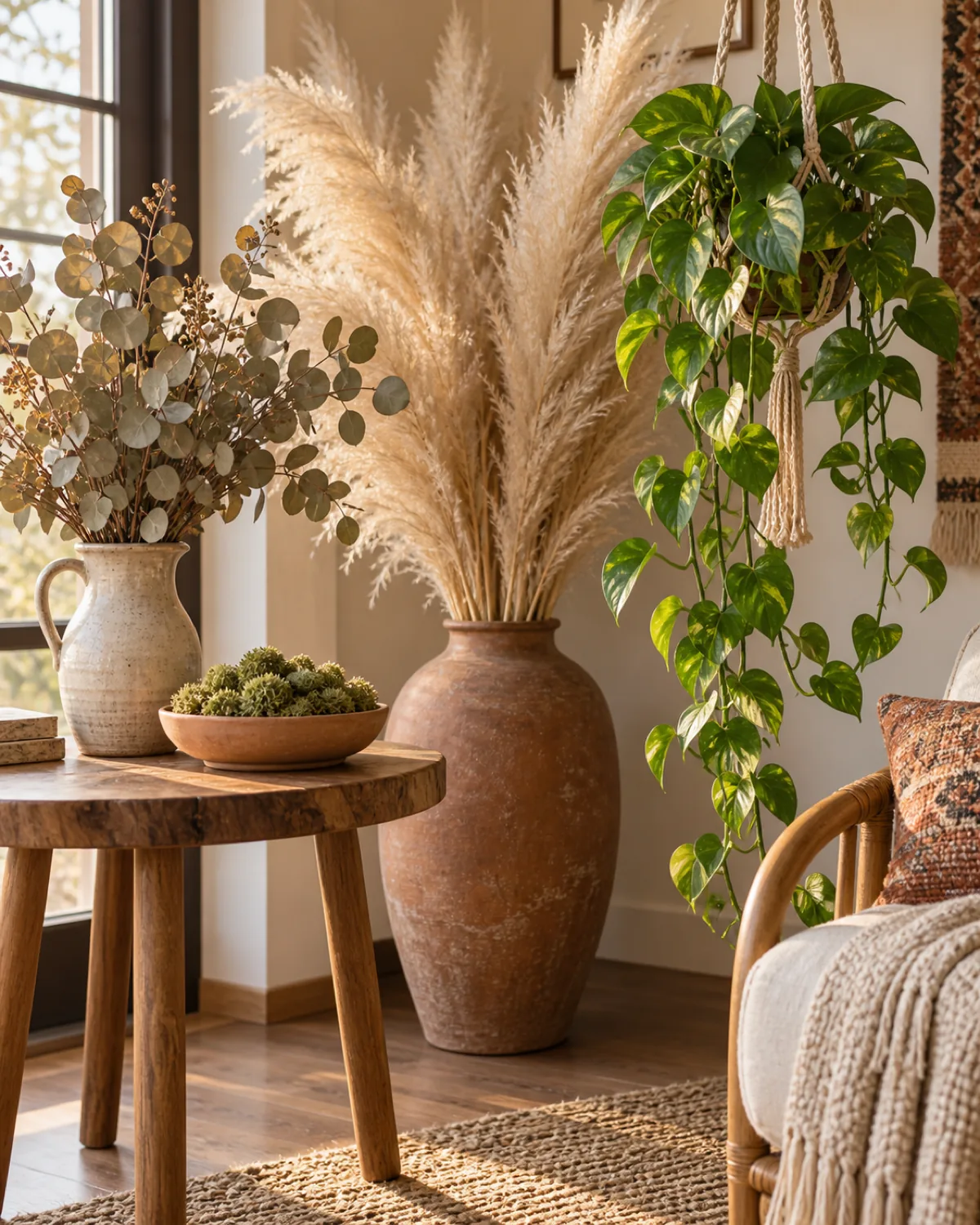 A boho corner featuring dried and preserved botanical elements alongside live plants a tall dried pampas grass plume in a large clay floor vase dried eucalyptus in a ceramic pitcher preserved moss in a shallow terracotta dish on a wooden side table near a live trailing pothos in a macrame hanger warm golden light