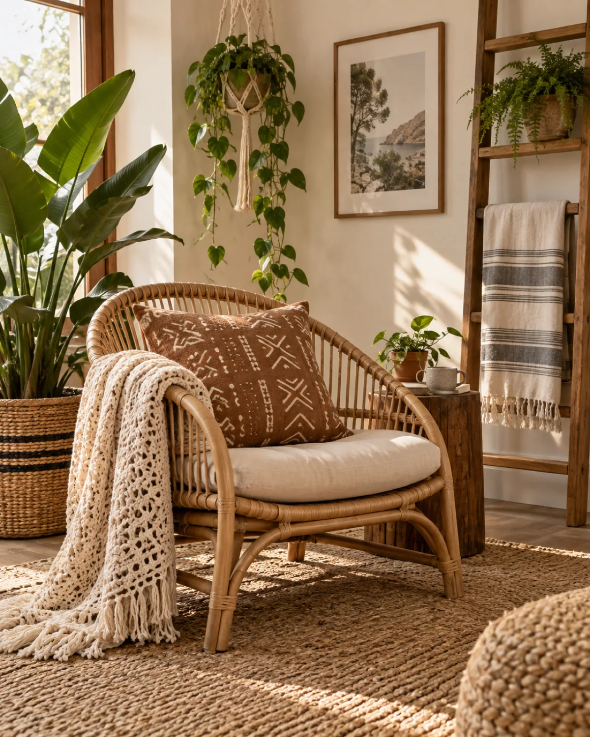 A styled boho seating area with textiles complementing plant displays a low rattan chair with a mudcloth throw pillow and a crochet blanket a jute rug plants visible nearby including a trailing plant from a wall-mounted macrame hanger and a large plant in a woven basket Turkish towel on a wooden ladder shelf warm afternoon light cream and sand tones