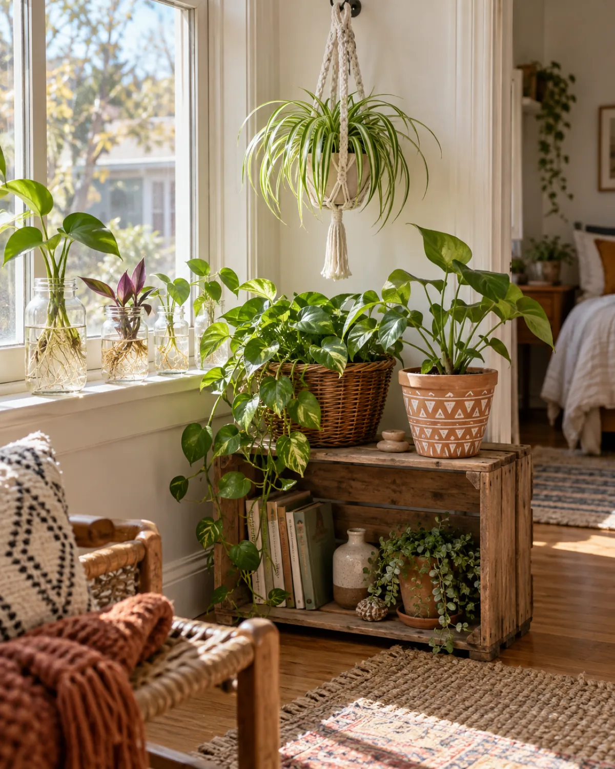 A budget-friendly boho plant display with DIY and thrifted elements glass jar propagation stations with plant cuttings rooting in water on a windowsill a secondhand wicker basket holding a pothos a terracotta pot painted with simple white lines and a homemade macrame hanger with a small spider plant all on a wooden crate repurposed as a shelf bright natural light