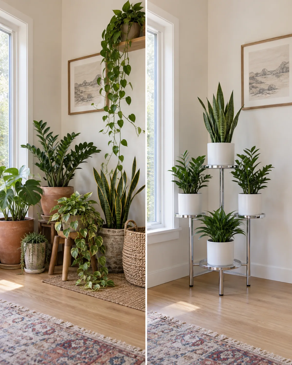A side-by-side contrast showing boho plant decor done right versus common mistakes on the left a well-styled corner with mismatched terracotta and ceramic pots trailing plants and woven textures on the right the same corner with all-matching white pots no trailing elements a chrome plant stand and stiff symmetrical arrangement bright natural lighting in both