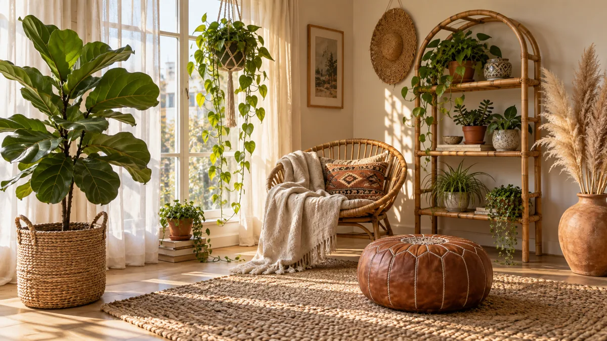 A bright bohemian living room corner with layered plant displays including a tall fiddle leaf fig in a woven seagrass basket trailing pothos from a macrame hanger small plants in mismatched terracotta pots on a rattan shelf jute rug warm golden morning light through sheer curtains