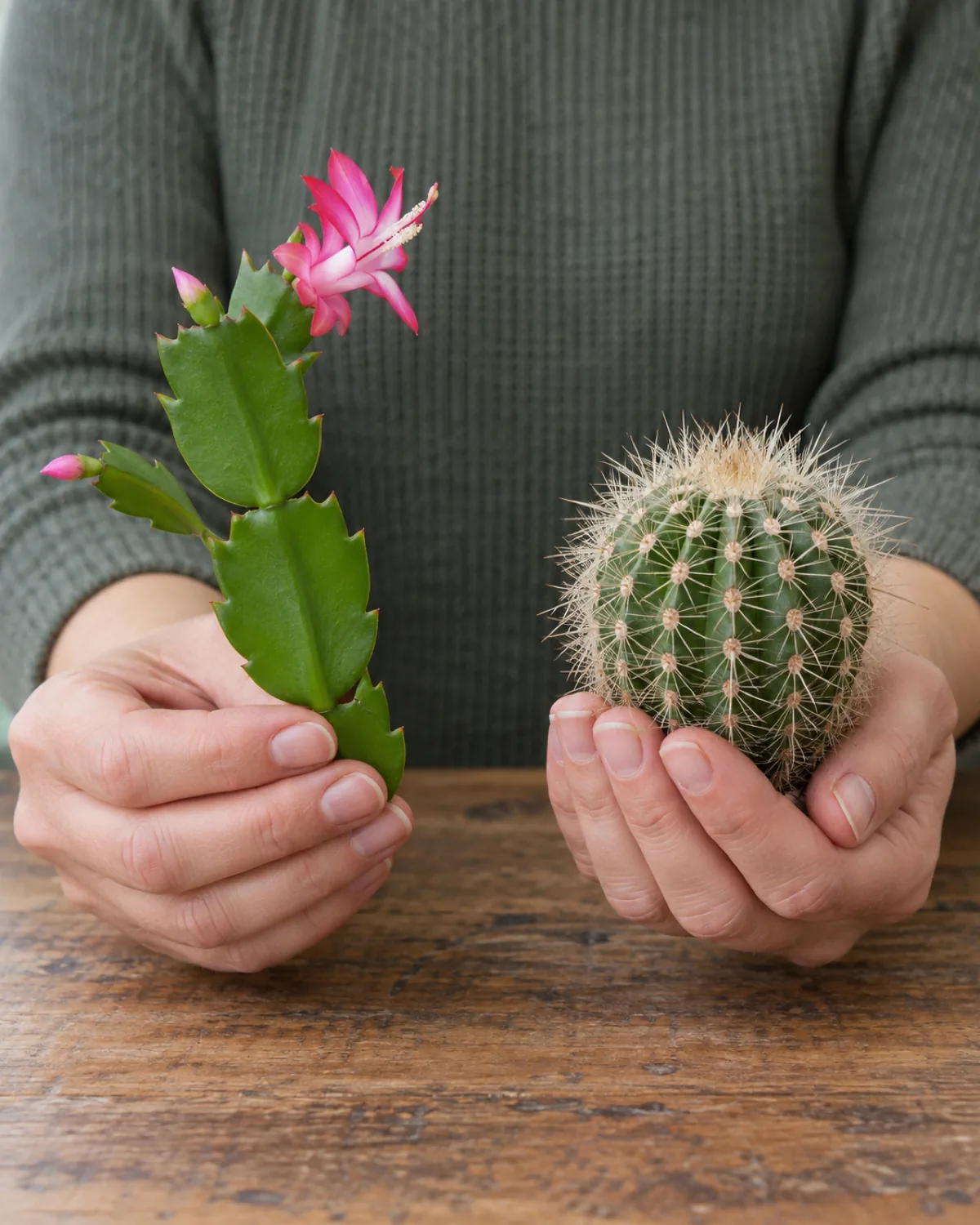 Close-up comparison of a flat segmented Christmas cactus stem held in one hand next to a small round spiny barrel cactus held in the other hand showing the dramatic difference between an epiphytic cactus and a desert cactus