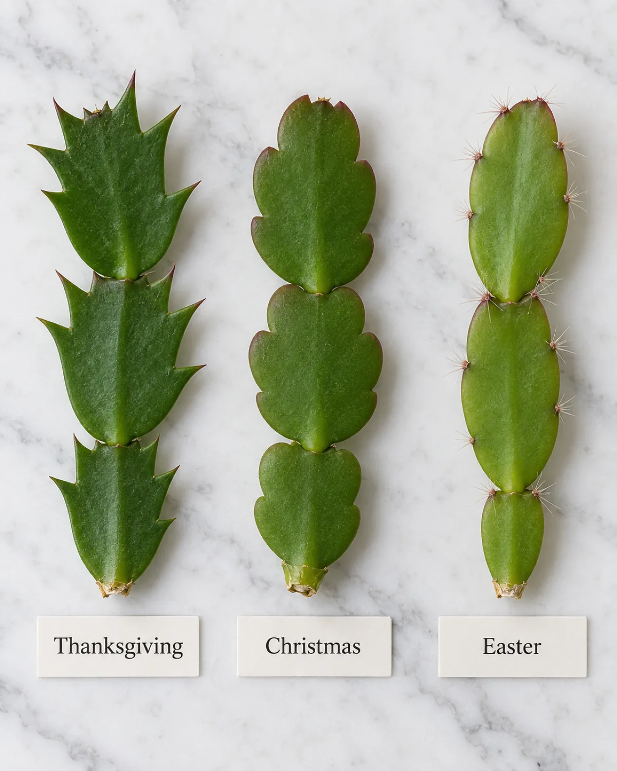 Three stem segments laid flat on a white marble surface for comparison with small cards labeling Thanksgiving Christmas and Easter showing the different edge shapes from pointed teeth to rounded scallops to bristled edges