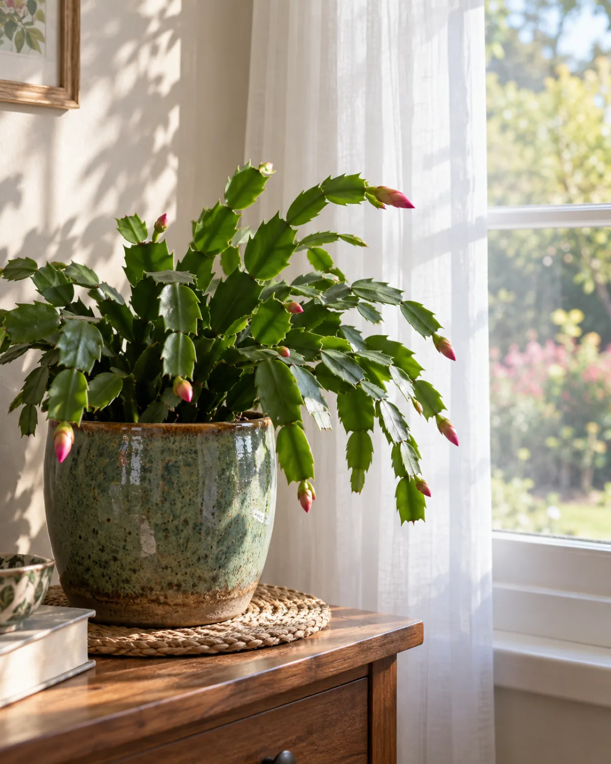 A Christmas cactus in a glazed ceramic pot sitting on a side table next to an east-facing window with sheer white curtains filtering morning sunlight into a soft diffused glow with flower buds forming at segment tips