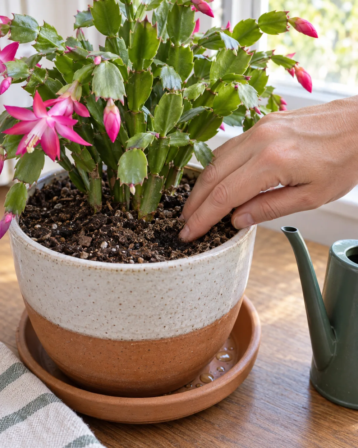 A hand pressing a fingertip into the top inch of soil in a potted Christmas cactus checking moisture level with the soil surface slightly dry on top and a small watering can with narrow spout beside the pot