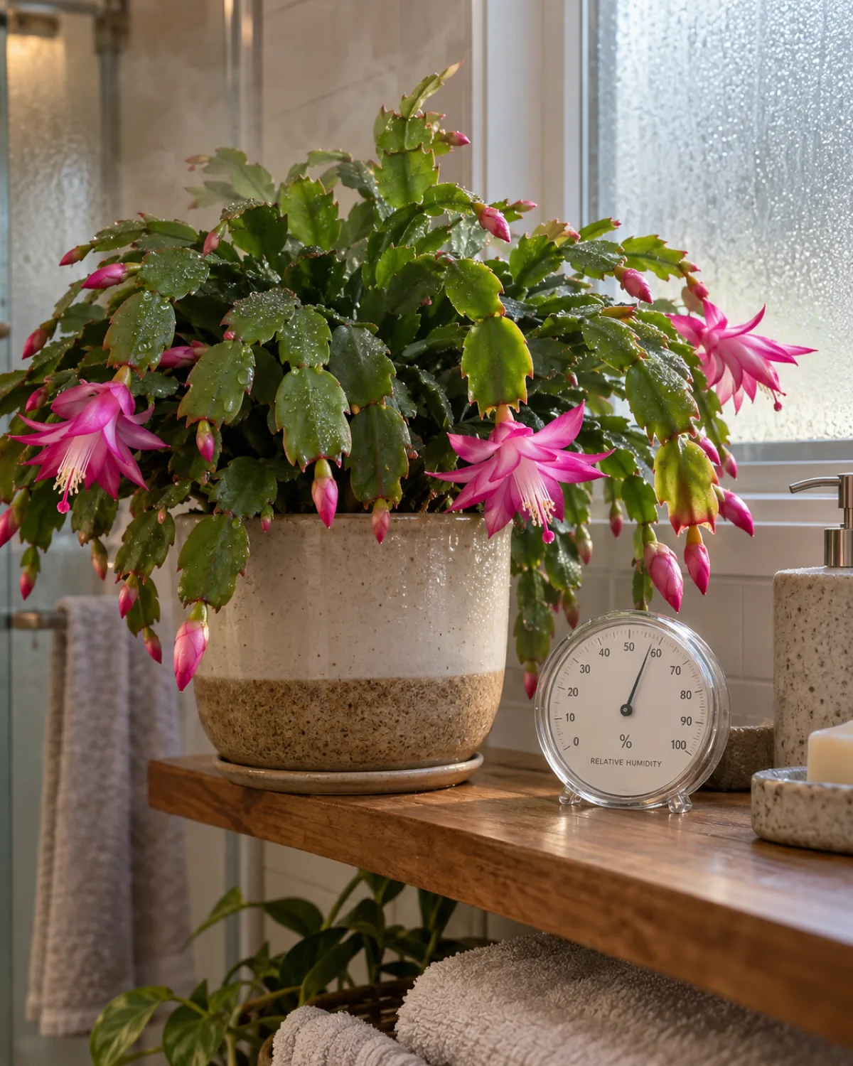 A Christmas cactus sitting on a bathroom shelf near a frosted glass window with lush plump segments showing tiny moisture droplets and a small analog hygrometer next to the pot reading approximately 55 percent humidity