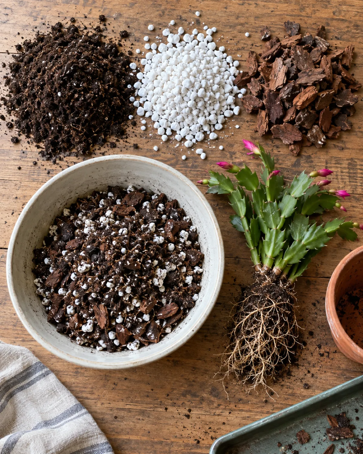 Top-down view of soil mix ingredients spread on a wooden work surface for Christmas cactus repotting with three small piles of dark peat-based potting mix white chunky perlite and brown woody orchid bark pieces with a mixing bowl and an unpotted Christmas cactus with thin fibrous roots