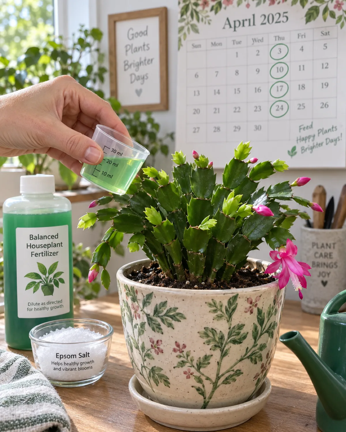 A hand holding a small measuring cup of diluted liquid fertilizer about to pour it into the soil of a potted Christmas cactus during spring growing season with fresh bright green new segment growth at the tips and a bottle of balanced houseplant fertilizer and a container of Epsom salt nearby
