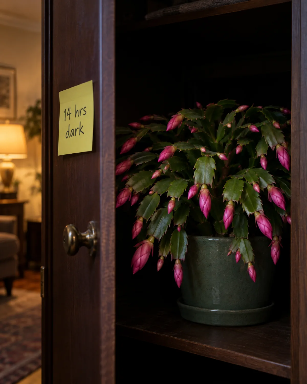 A Christmas cactus with dozens of developing flower buds at the segment tips swollen and elongated in deep pink sitting inside a dark closet with the door slightly ajar and a small sticky note reading 14 hrs dark showing the enforced darkness period that triggers blooming