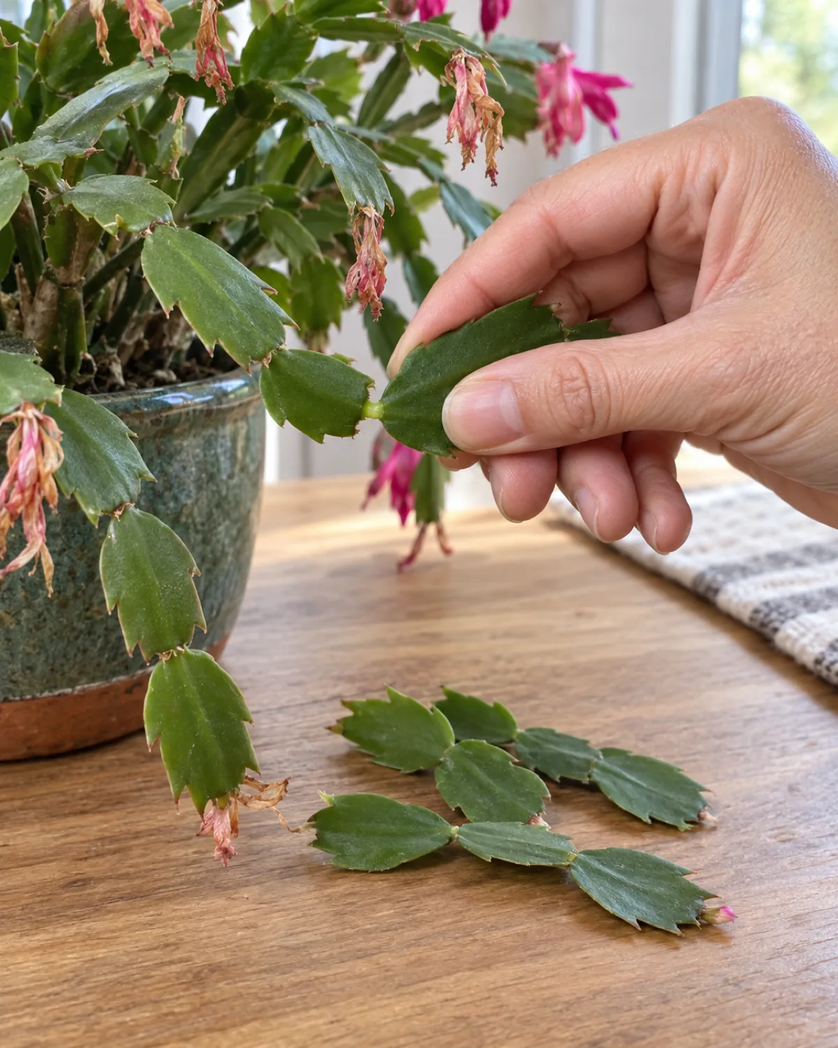A hand twisting off a stem segment from a Christmas cactus at the natural joint between two phylloclades with a clean separation and a small pile of removed two-segment and three-segment cuttings on the table below with a few spent dried flowers still attached to the parent plant
