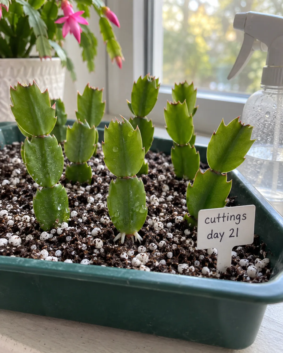 Several Christmas cactus stem cuttings each consisting of two to three connected segments standing upright planted in a shallow tray of moist perlite and peat mix with tiny white root nubs emerging from the base of two cuttings and a mist spray bottle and label reading cuttings day 21