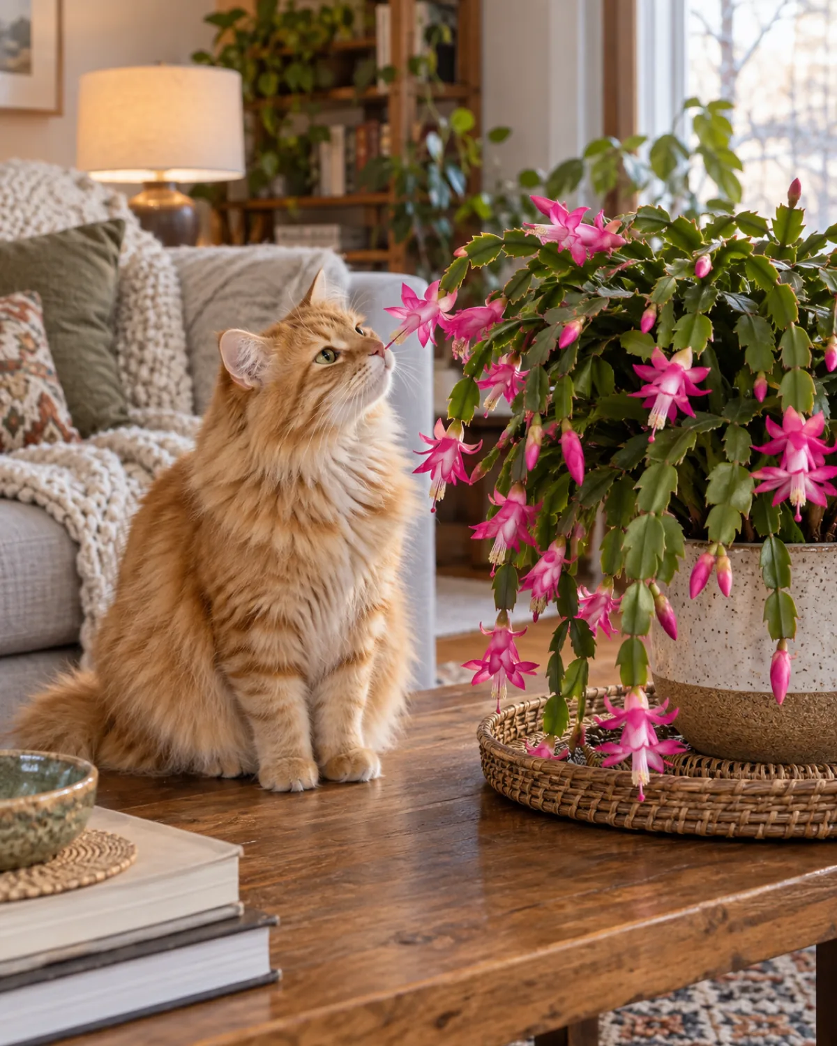 A fluffy orange tabby cat sitting next to a Christmas cactus in full bloom on a low coffee table sniffing one of the dangling pink flowers curiously in a warm cozy living room setting conveying safety and coexistence between pet and plant