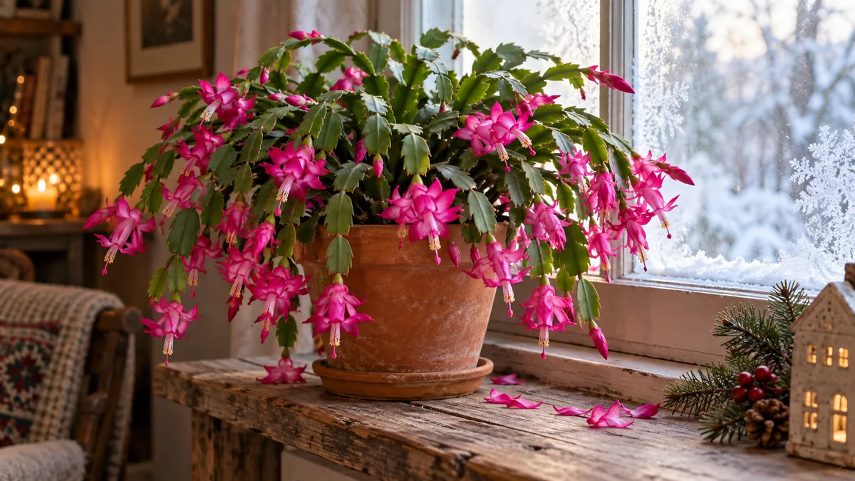 A mature Christmas cactus in full bloom with dozens of fuchsia-pink tubular flowers cascading from flat segmented green stems in a terracotta pot on a rustic wooden windowsill with soft winter daylight