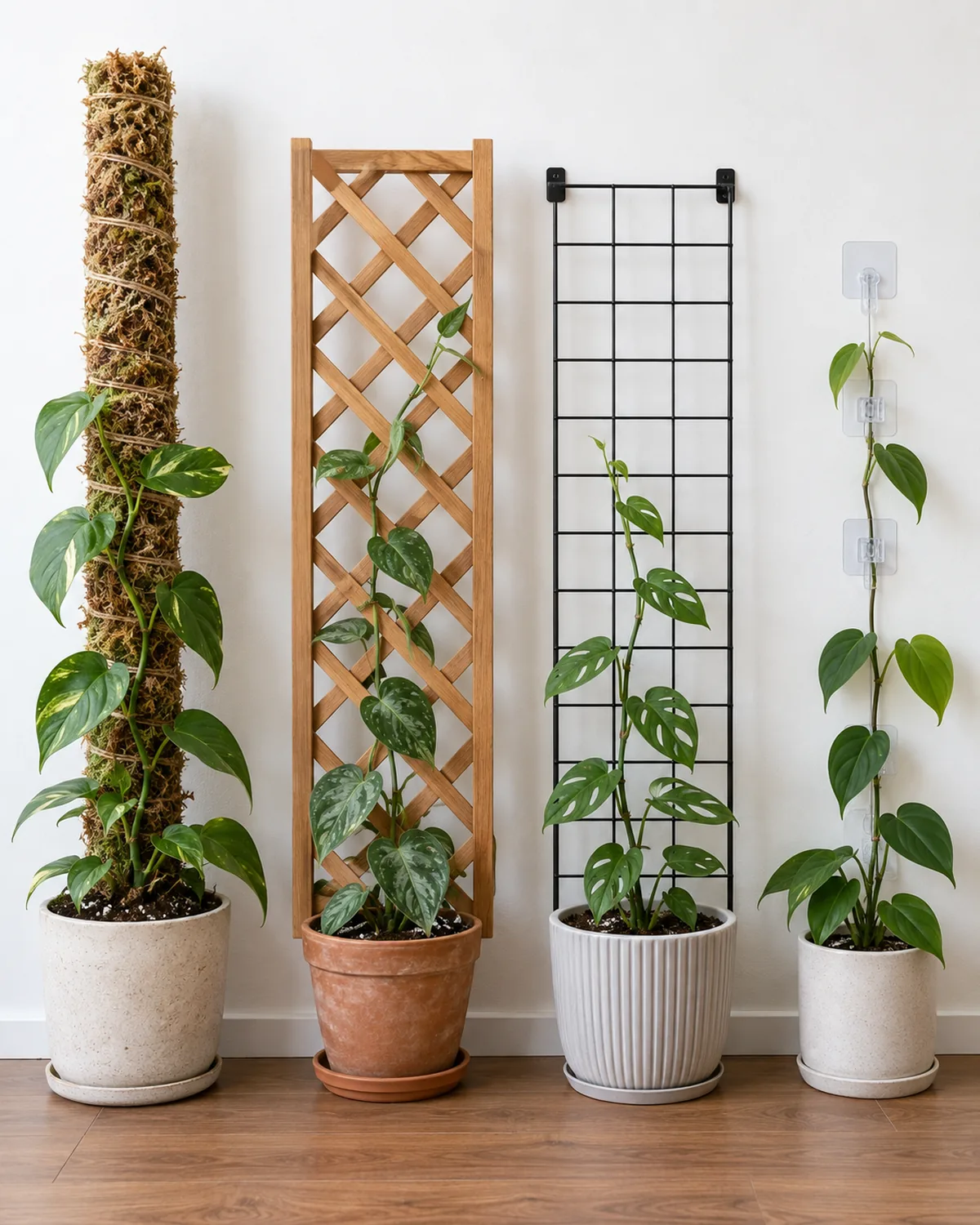 Four different plant support structures side by side on a wooden floor against a white wall a thick moss pole a flat wooden trellis a black metal wire grid panel and adhesive wall hooks each with a small climbing plant at its base in bright even light