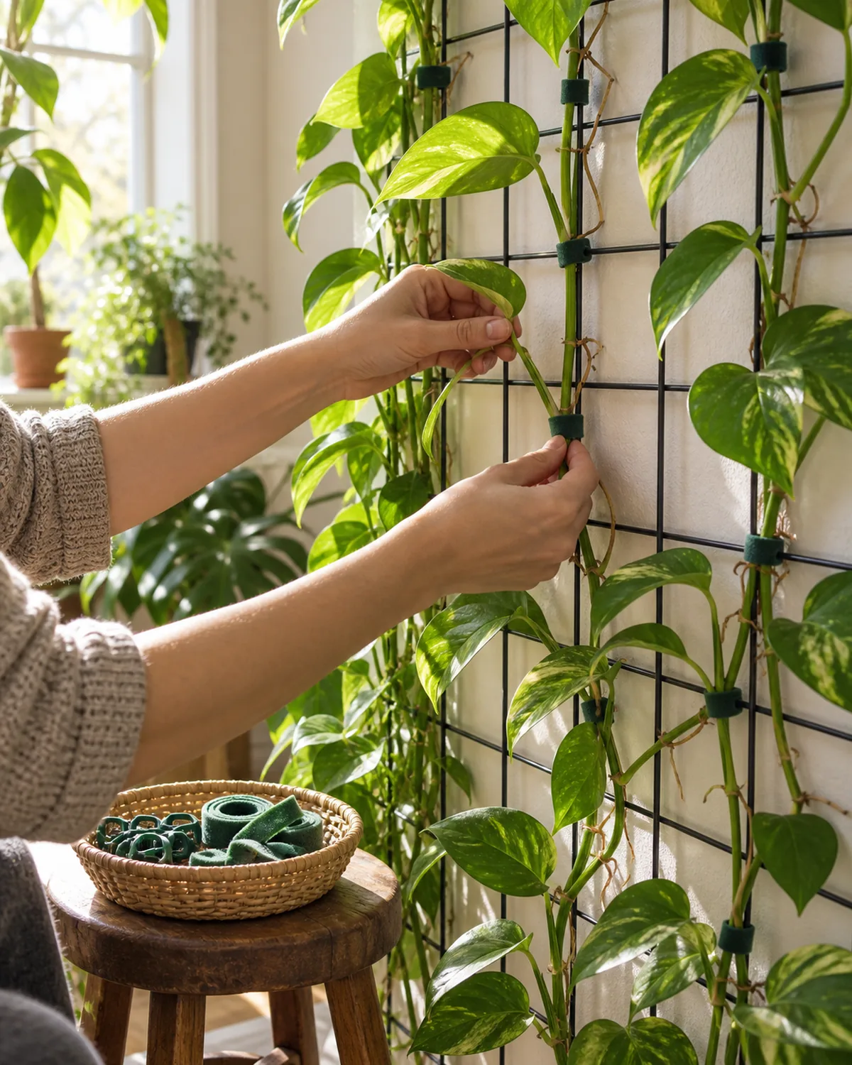 A pair of hands training a pothos vine along a wall-mounted wire grid one hand bending a stem toward the support while the other clips a soft green plant tie around the stem with aerial roots pressing against the grid warm afternoon window light