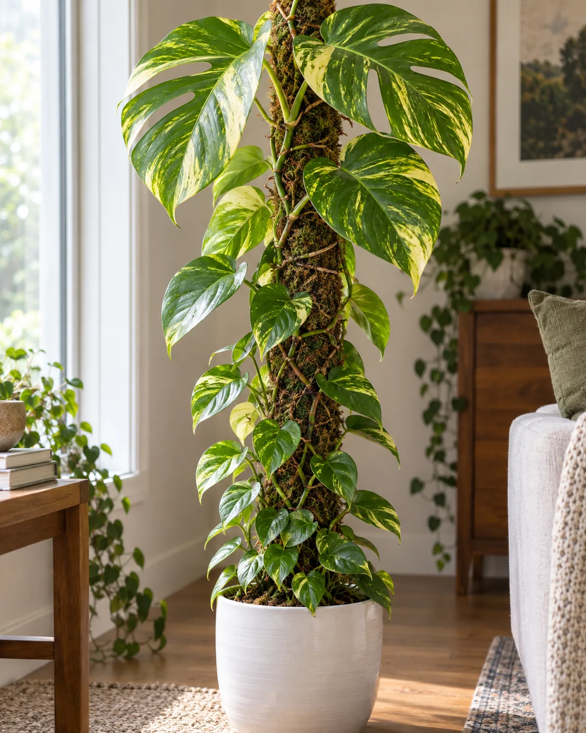 A golden pothos climbing a thick moss pole in a white ceramic pot with small heart-shaped leaves near the base growing progressively larger toward the top reaching eight to ten inches with slight fenestrations aerial roots gripping the sphagnum in bright indirect light