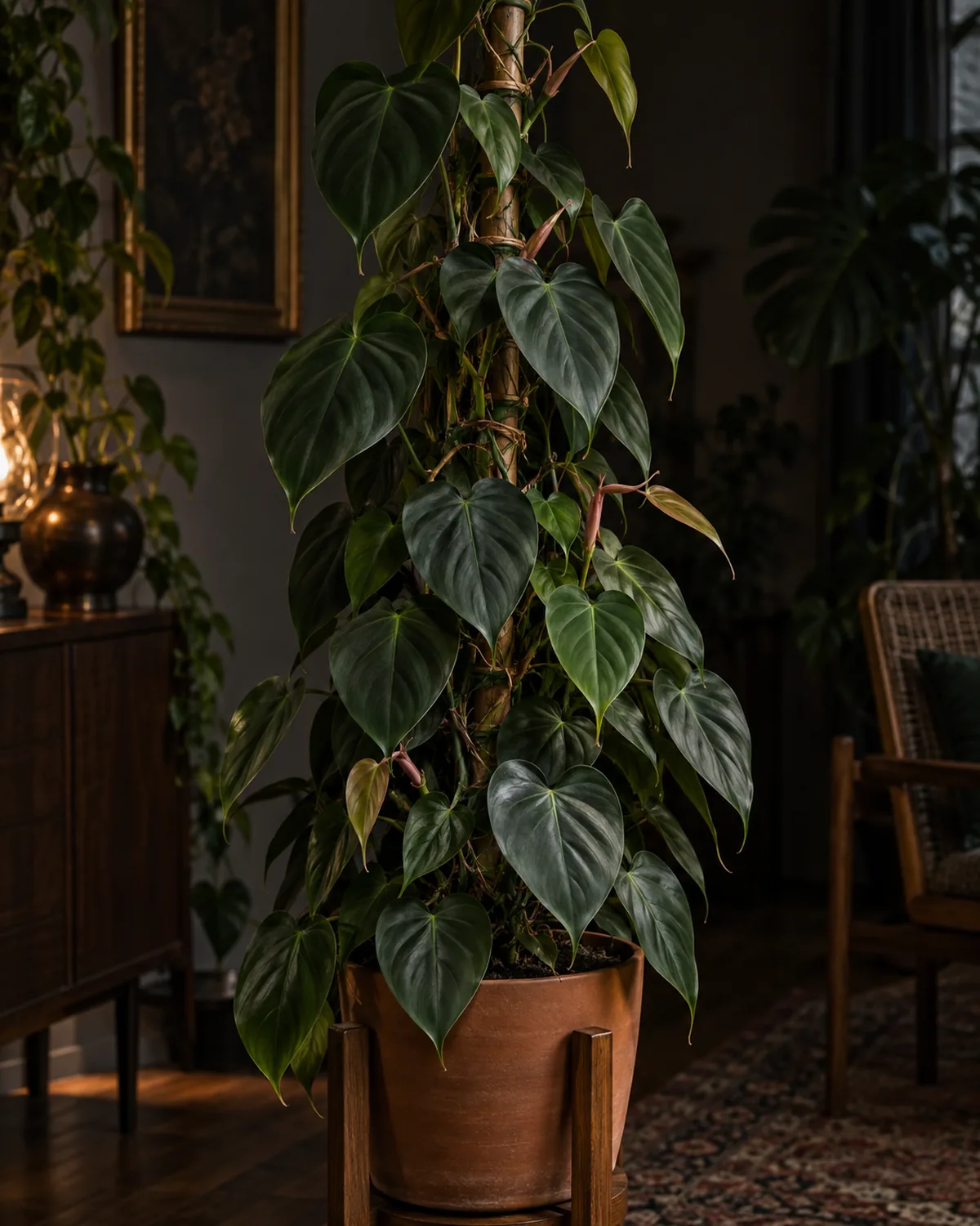 A heartleaf philodendron climbing a slender bamboo pole in a terracotta pot on a wooden plant stand with dark green heart-shaped leaves showing a subtle velvety sheen aerial roots gripping the bamboo new leaves unfurling from pinkish-bronze cataphyll sheaths in dim moody light