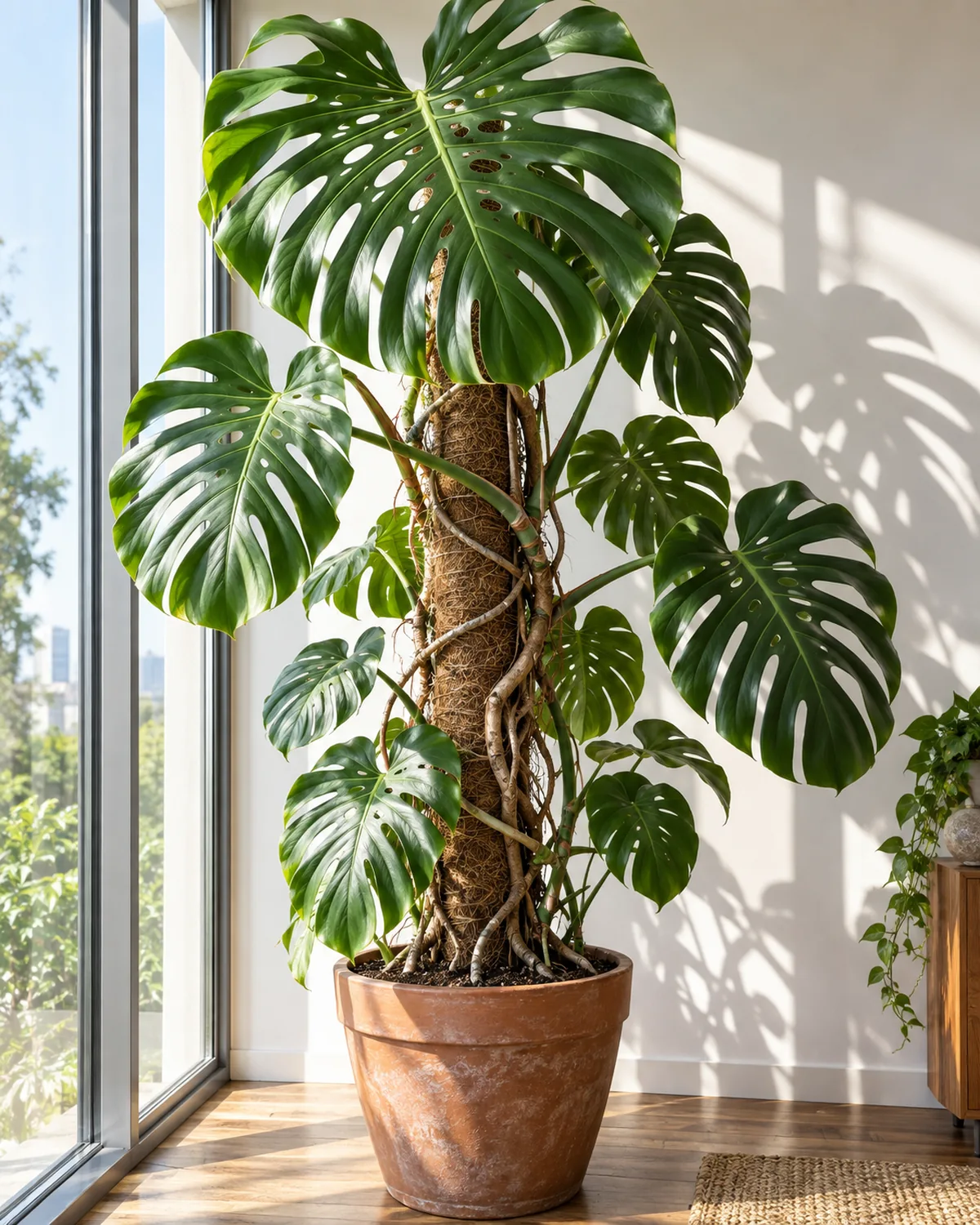 A mature monstera deliciosa with massive deeply fenestrated split leaves climbing a very thick coir-wrapped pole in a large terracotta pot on a wooden floor the largest leaf at the top showing deep splits and oval holes with thick woody aerial roots spiraling down in bright natural light from a floor-to-ceiling window
