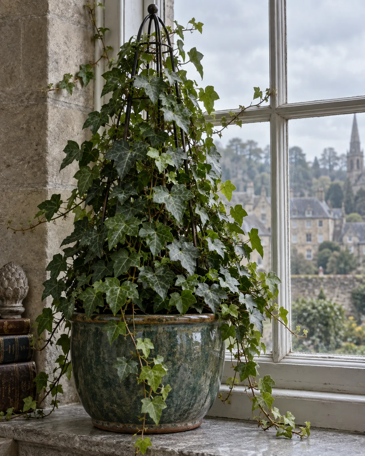 English ivy climbing a small wire obelisk trellis in a glazed ceramic pot on a cool stone windowsill with dense three-to-five-lobed dark green leaves covering most of the trellis tiny adventitious rootlets visible along the stems with a few trails hanging down against a cool overcast day outside the window