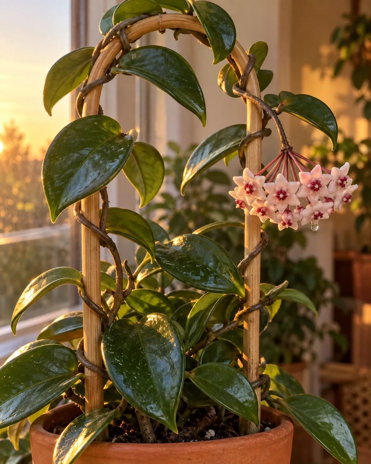 A hoya carnosa with thick waxy dark green leaves twining around a small arched bamboo trellis in a terracotta pot the stems wrapping in a twining spiral with a cluster of star-shaped pink and white porcelain-like flowers in bloom and a droplet of sweet nectar visible in warm golden hour light