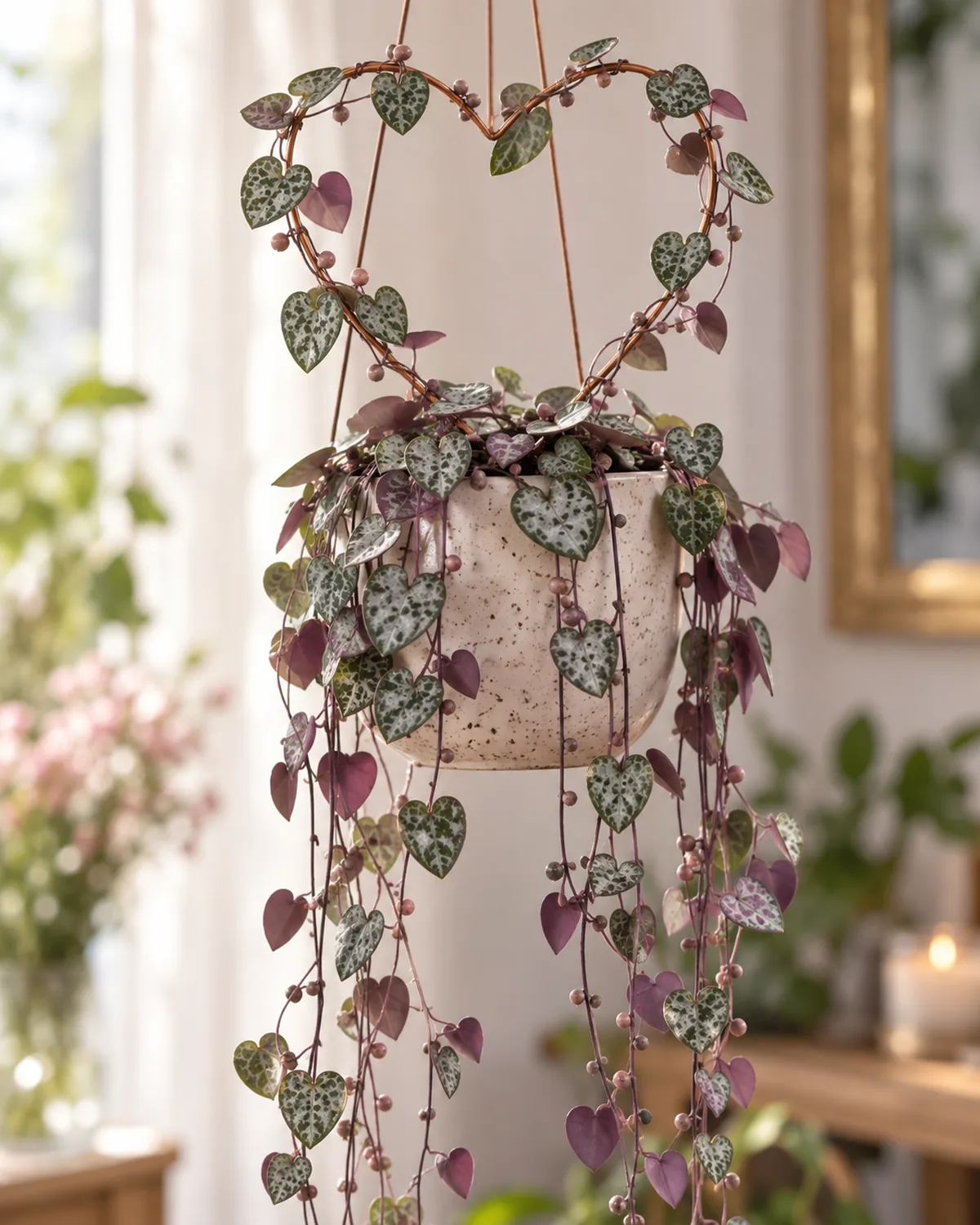 A string of hearts plant with delicate heart-shaped silver-patterned leaves on thin wiry purple stems part trailing downward from a hanging pot and part trained upward along a thin copper wire frame forming a heart shape with tiny round aerial tubers visible along the stems in soft feminine light