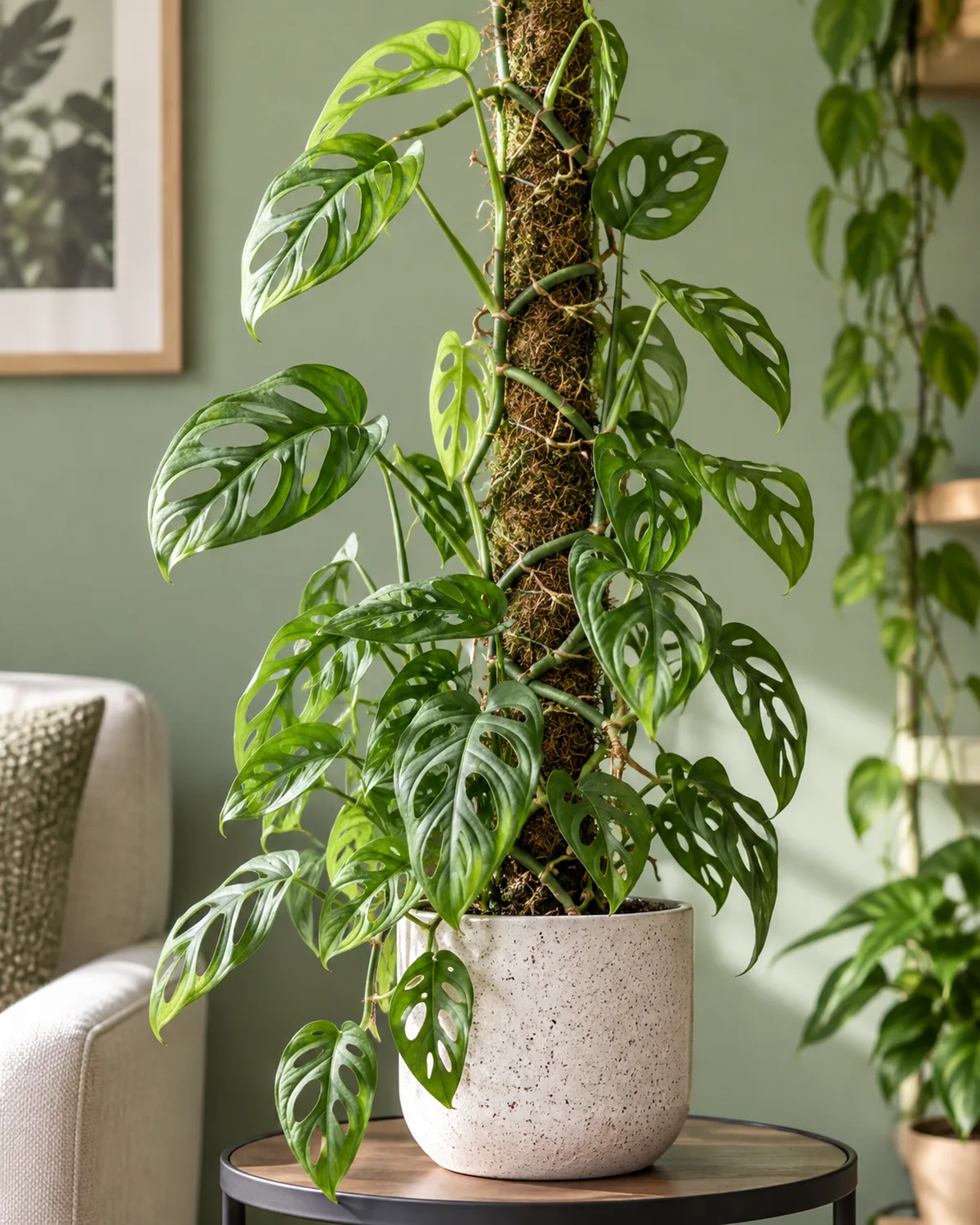 A monstera adansonii with smaller oval fenestrated leaves climbing a thin moss pole in a white speckled ceramic pot the vine growing fast with many aerial roots gripping the pole and new leaves unfurling sitting on a modern side table against a sage green wall in bright indirect light