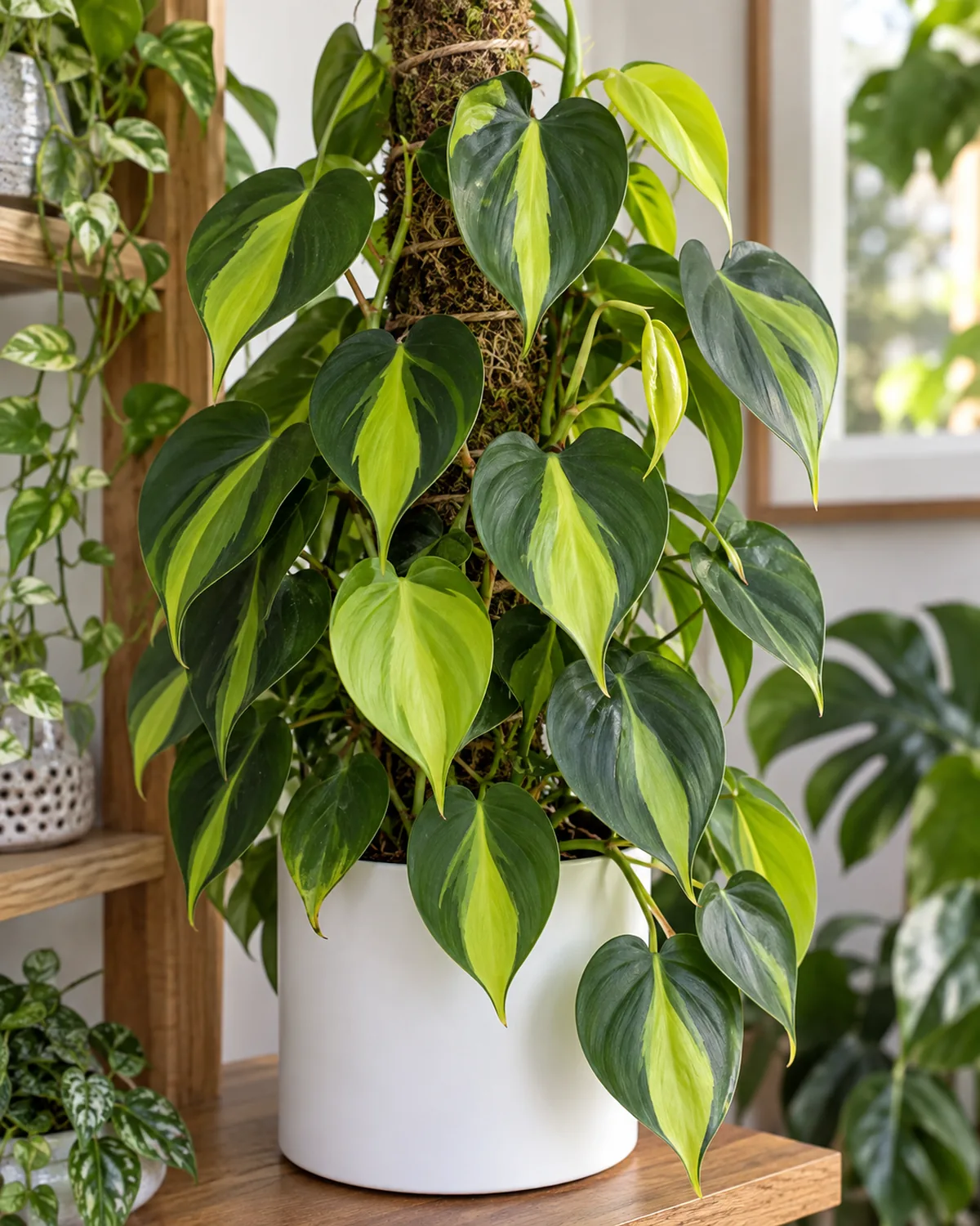 A philodendron brasil climbing a moss pole showing striking variegated heart-shaped leaves with central bright lime-green to yellow stripes contrasting with dark green margins the plant dense with overlapping foliage and new leaves unfurling in brighter lime color in a modern matte white pot on a wooden shelf in bright indirect light