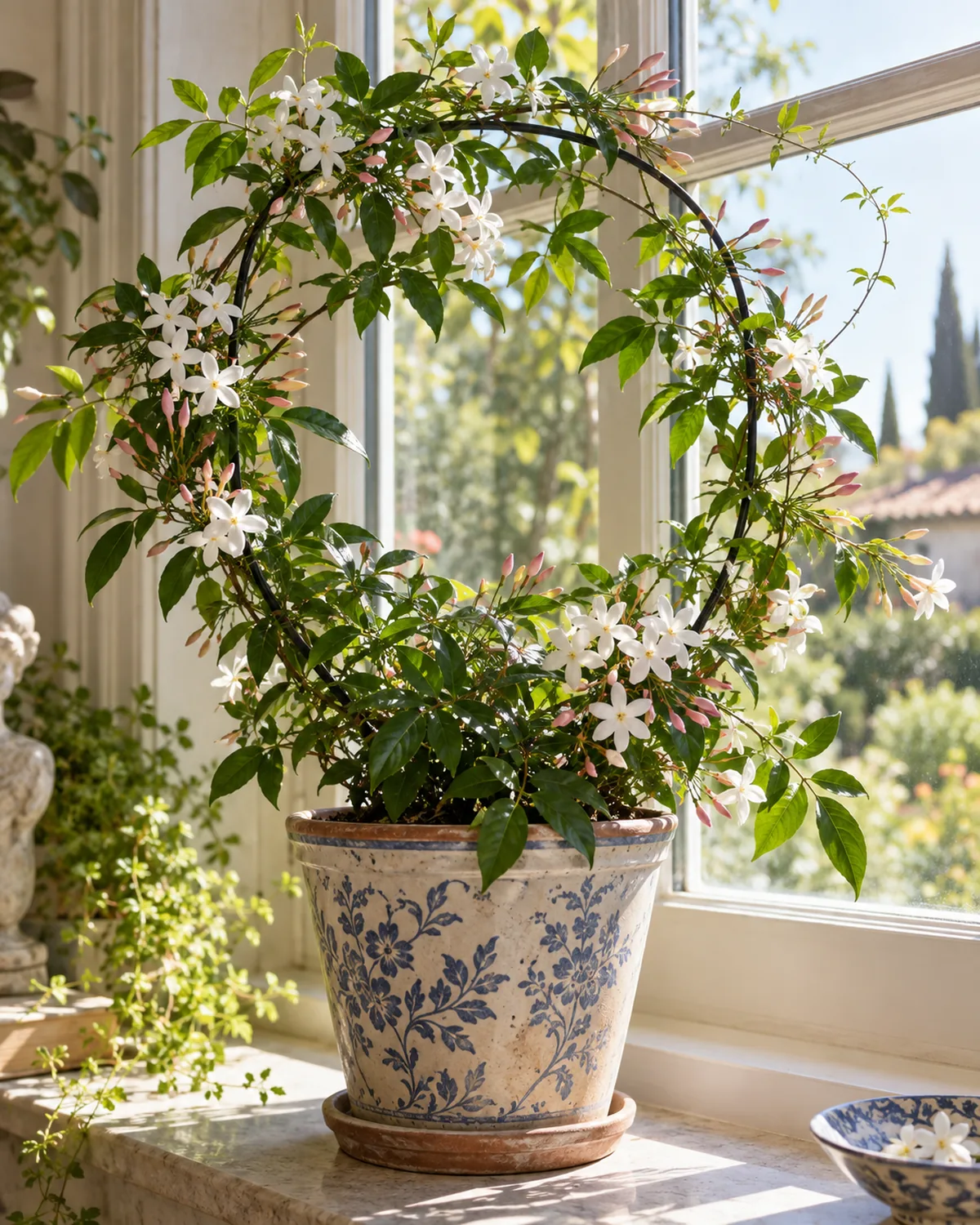 An indoor jasmine vine trained on a wire hoop trellis in a ceramic pot on a bright sunny windowsill with slender twining stems covered in small dark green pinnate leaves and clusters of tiny white star-shaped flowers with some pink-tinged buds still closed in bright direct sunlight