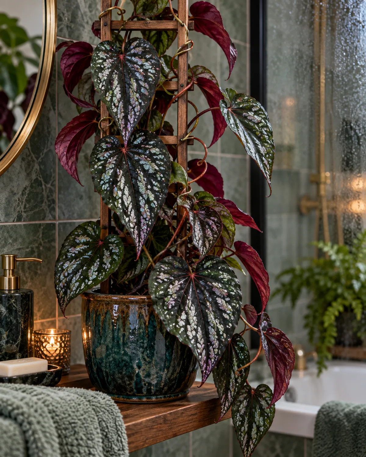 A rex begonia vine climbing a small wooden trellis in a ceramic pot with elongated heart-shaped iridescent leaves patterned with dark green silver streaks and spots deep burgundy-purple undersides visible where leaves curl thin curling tendrils reaching toward and wrapping around the trellis on a bathroom shelf