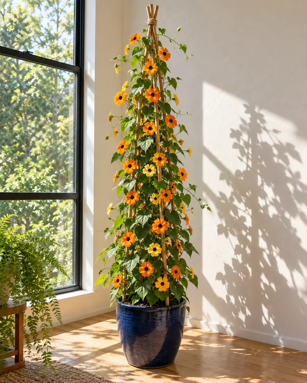 A black-eyed Susan vine twining up a teepee of bamboo canes tied with jute in a navy blue glazed pot beside a sunny south-facing window with dozens of orange and soft yellow flowers with dark centers and crisp leaf shadows on the wall in direct afternoon sun