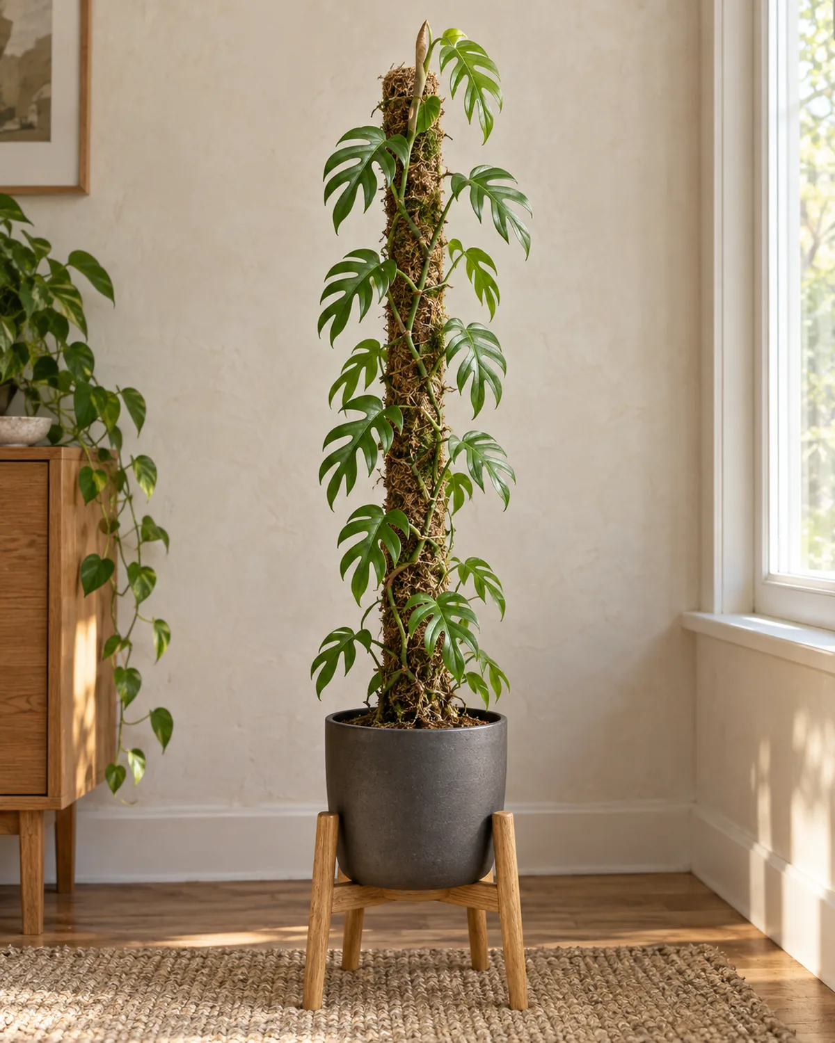 A rhaphidophora tetrasperma climbing a slim moss pole in a charcoal gray pot on a light oak mid-century plant stand with glossy leaves cut by deep clean splits almost to the midrib the largest leaves near the top of the pole and soft morning light from a side window