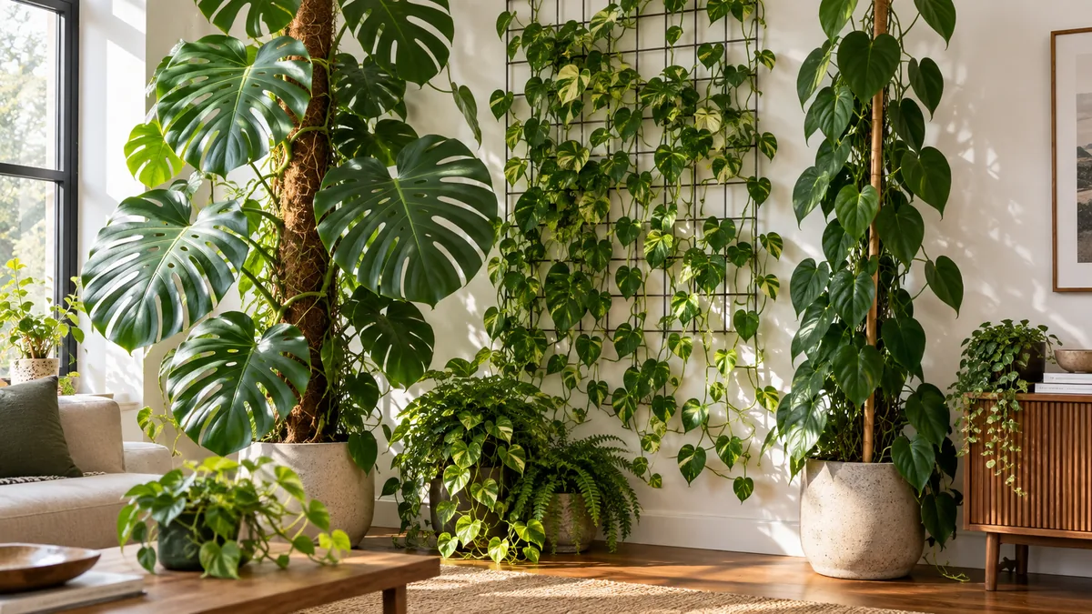 A bright interior corner with multiple climbing houseplants on different supports including a monstera deliciosa on a moss pole a pothos on a wire trellis and a heartleaf philodendron on a bamboo pole creating a vertical jungle effect with warm natural light