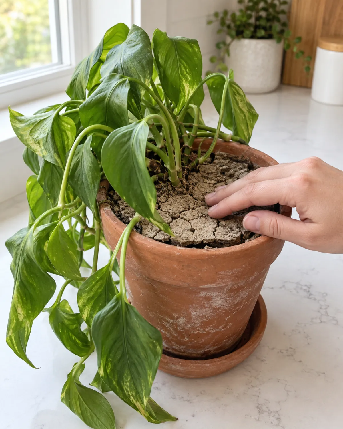 A pothos plant with visibly drooping leaves and dry cracked soil pulling away from the edges of a terracotta pot with a woman's hand reaching in to touch the dry soil surface fingers naturally together and relaxed bright indirect light from a nearby window on a white countertop