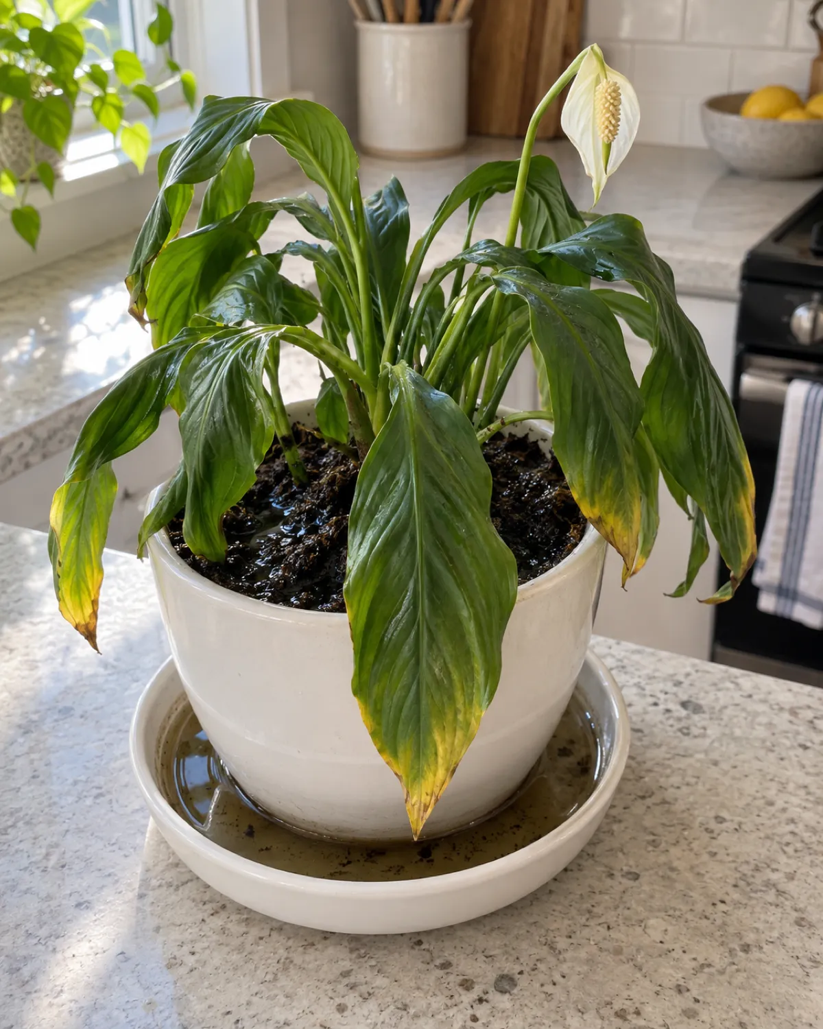 A small peace lily in a white ceramic pot sitting in a saucer filled with standing water the leaves drooping and showing yellow edges the soil surface dark and soggy overhead angle showing the waterlogged saucer on a modern kitchen counter with morning light
