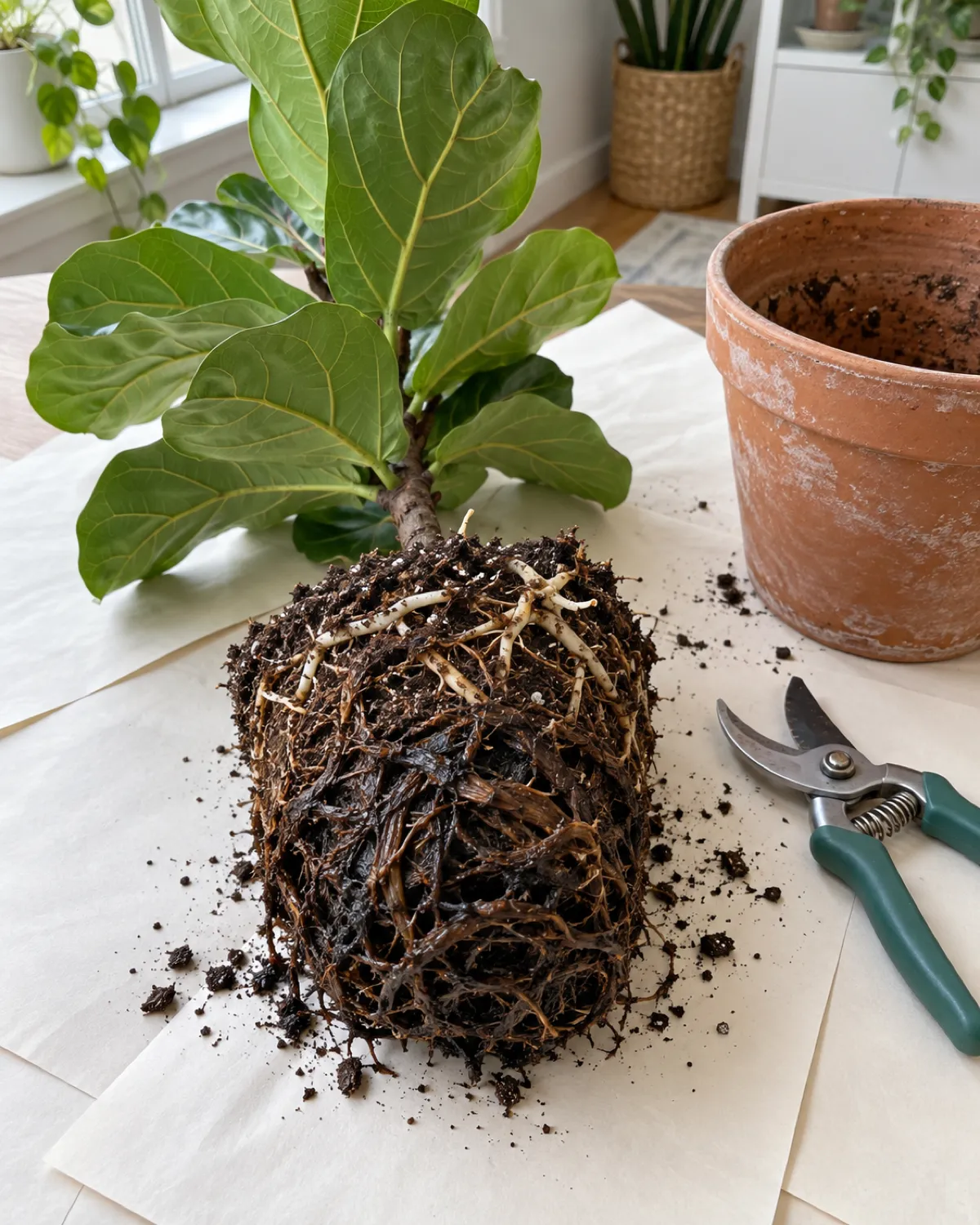 A small fiddle leaf fig tipped out of its pot onto a newspaper-covered table revealing dark brown mushy roots tangled at the bottom of the root ball with healthy white root tips visible near the top for contrast and clean pruning shears lying next to the plant in bright natural light
