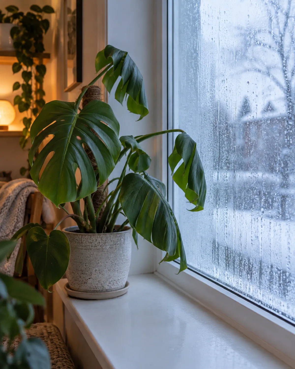 A monstera deliciosa sitting on a windowsill next to a frosted winter window its leaves drooping and curling inward condensation visible on the cold glass the plant leaning slightly away warm interior light contrasting with cold blue tones from outside
