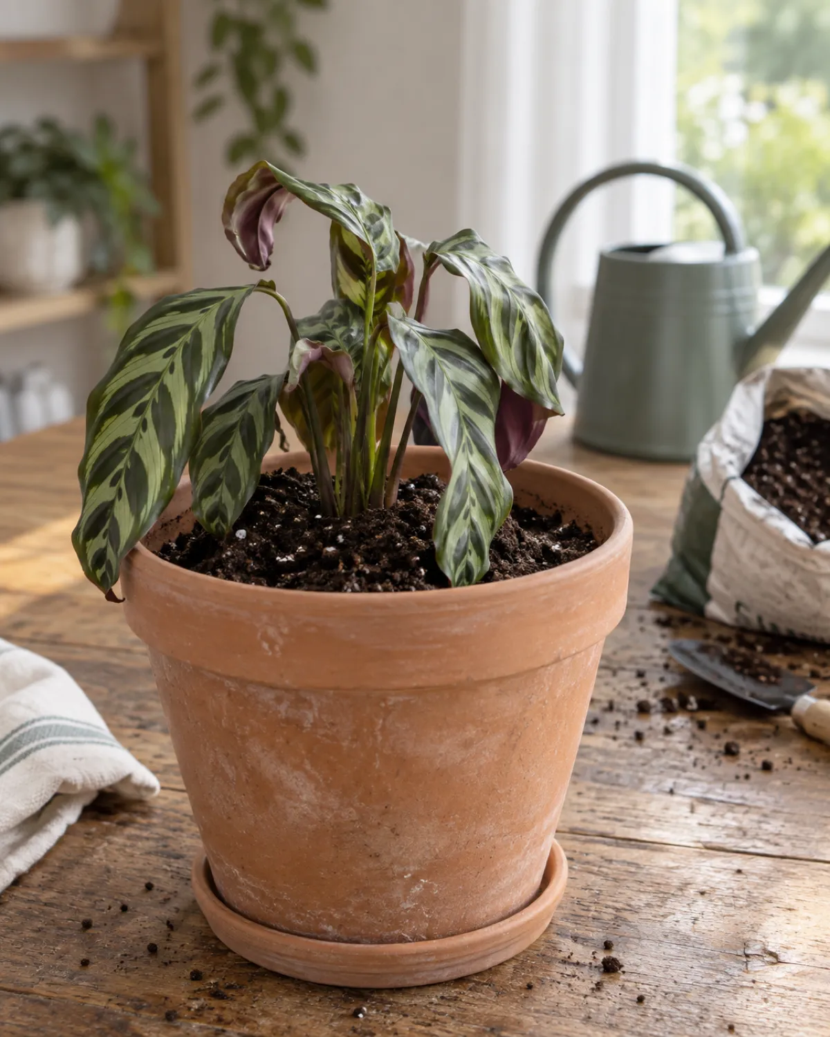 A recently repotted calathea in a slightly too-large terracotta pot with fresh potting soil visible the plant leaves drooping and some slightly curled a watering can and bag of potting mix in the blurred background soft diffused light on a wooden table surface